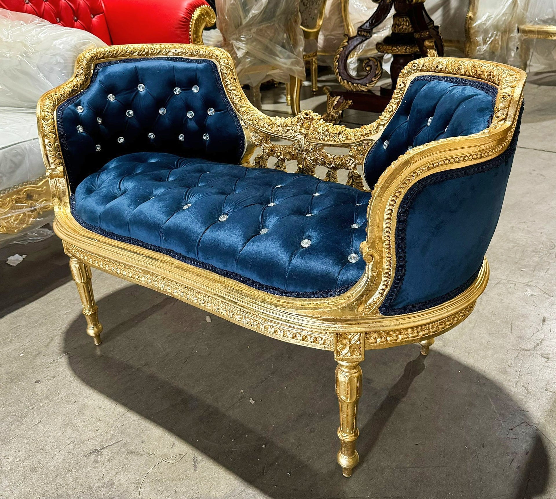 Blue Velvet Tufted Bench – French Rococo Baroque Style with Gold Leaf Frame