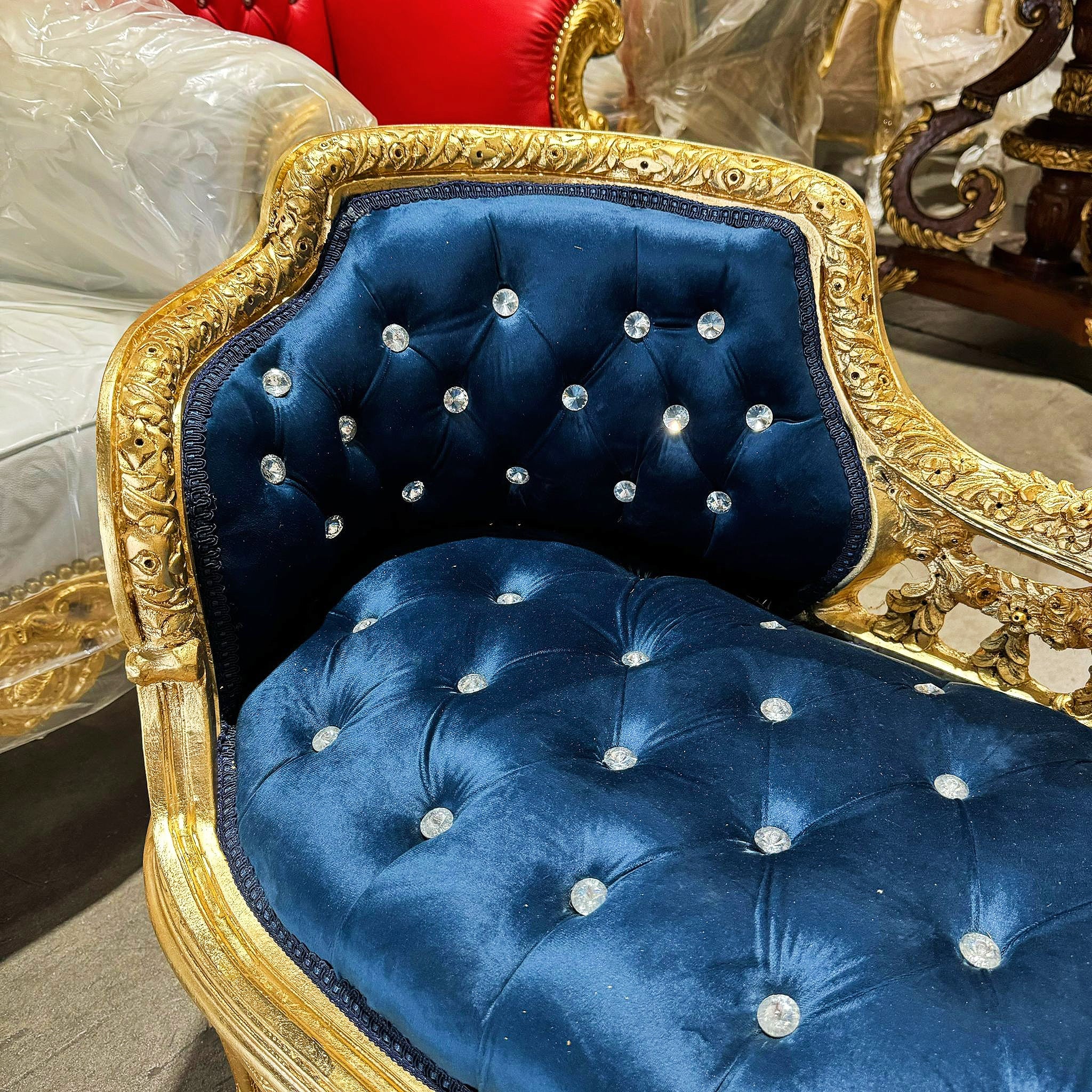 Blue Velvet Tufted Bench – French Rococo Baroque Style with Gold Leaf Frame