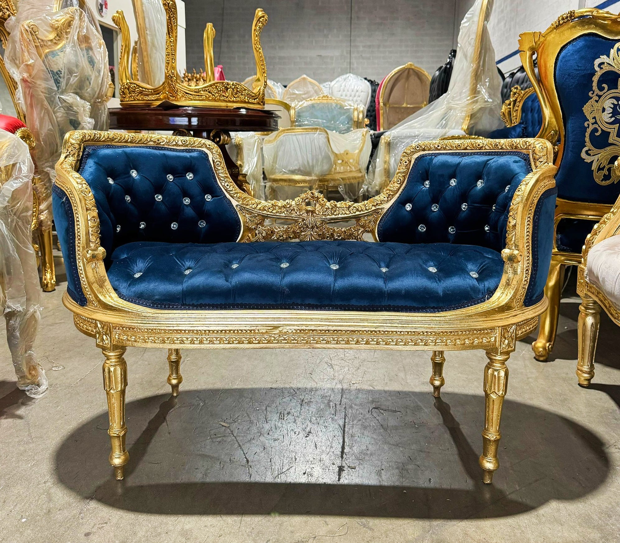 Blue Velvet Tufted Bench – French Rococo Baroque Style with Gold Leaf Frame