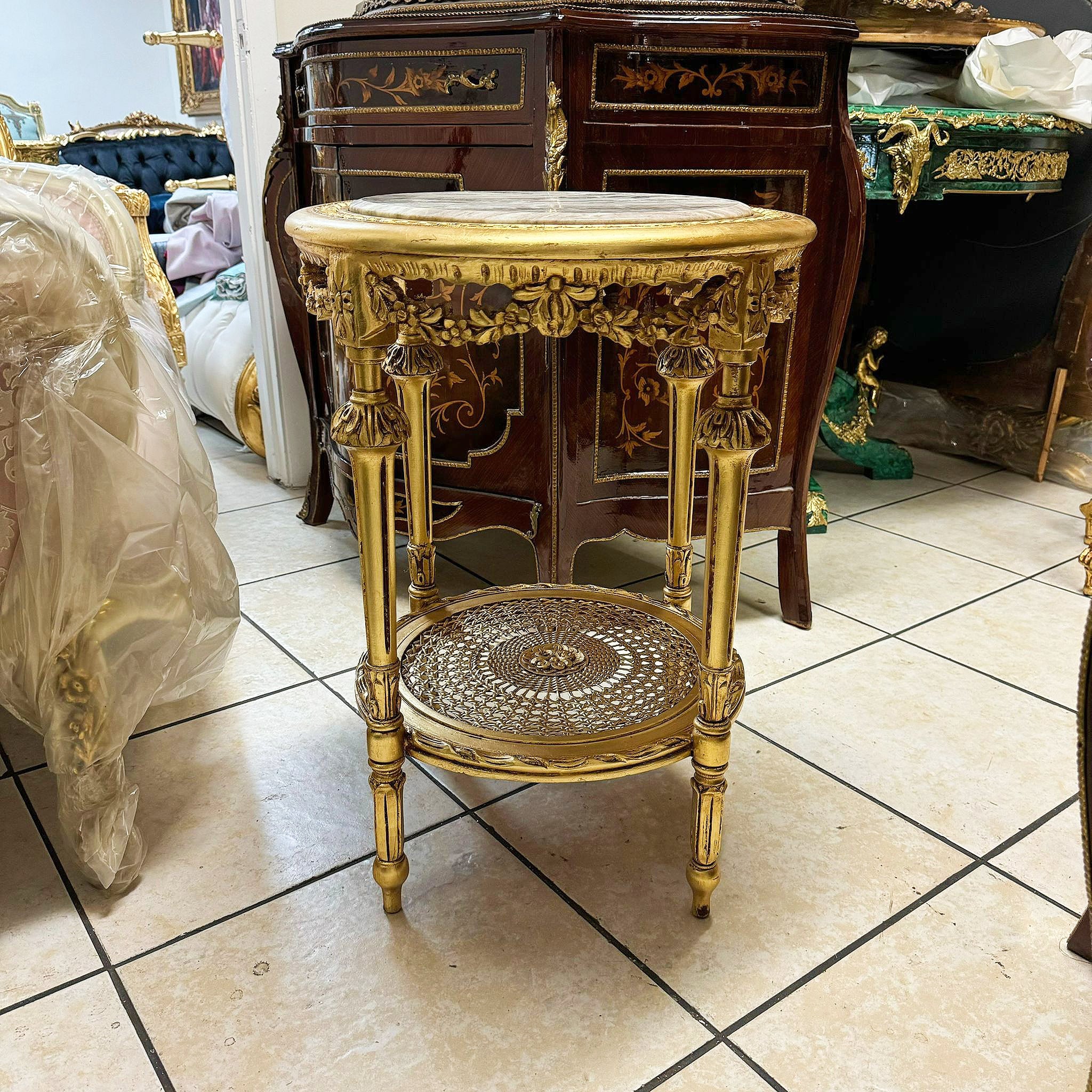 Side Table Beige Marble Topped French Style Gold Leaf Details