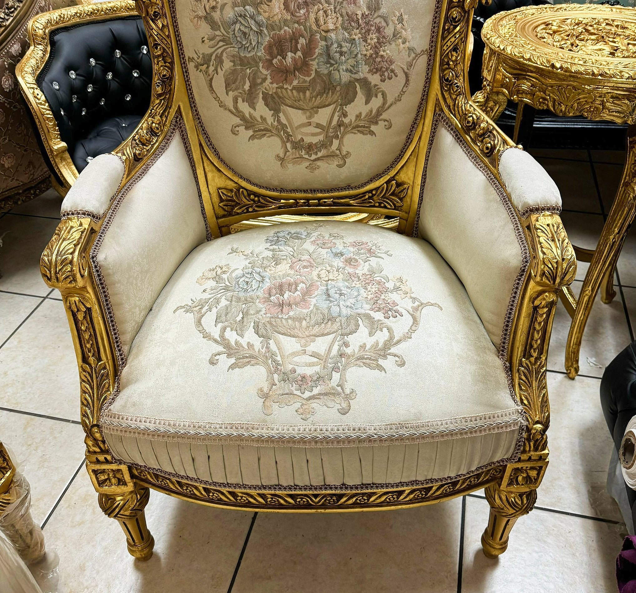 Rococo Style Beige Armchair with Gold Leaf Details – French Luxury Furniture