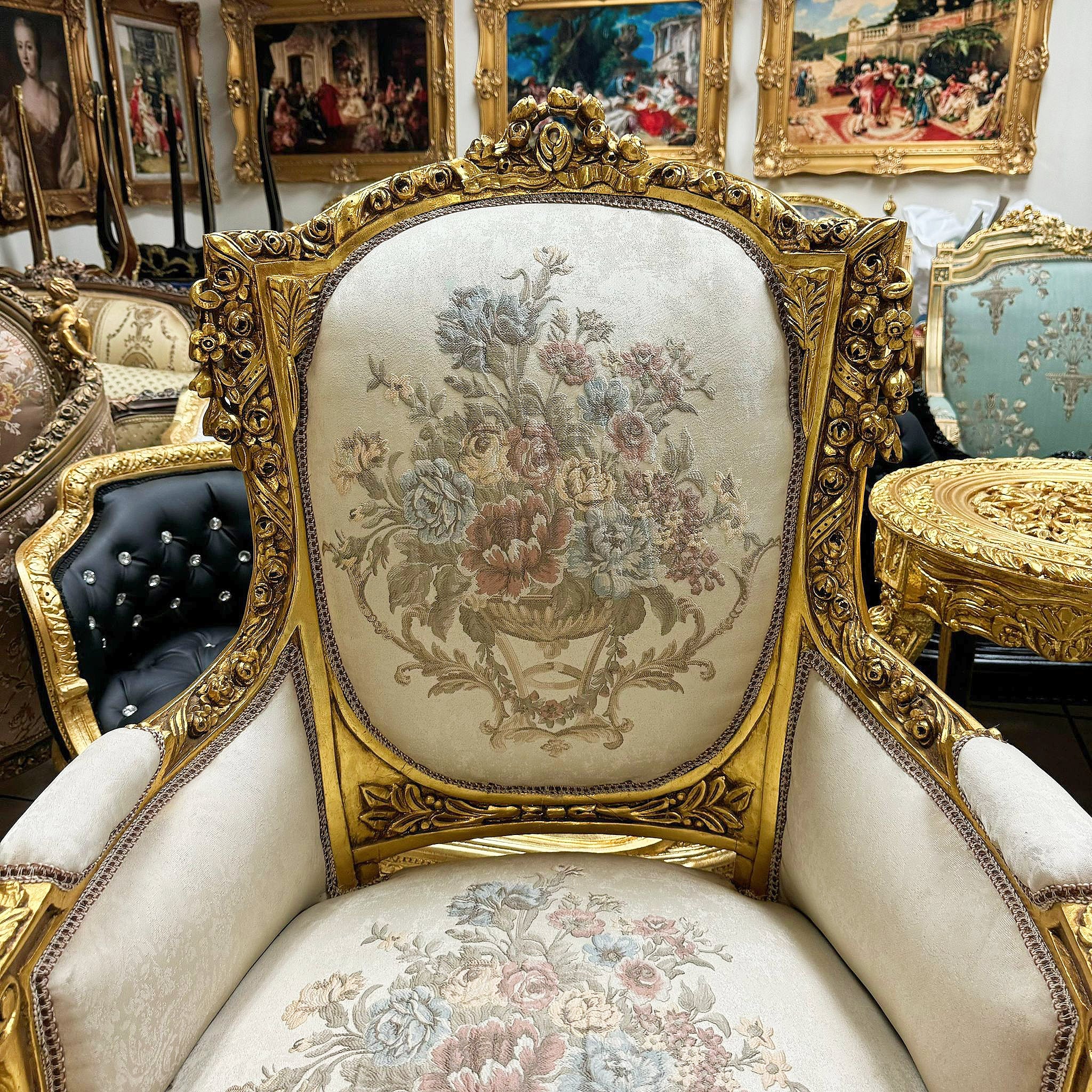 Rococo Style Beige Armchair with Gold Leaf Details – French Luxury Furniture