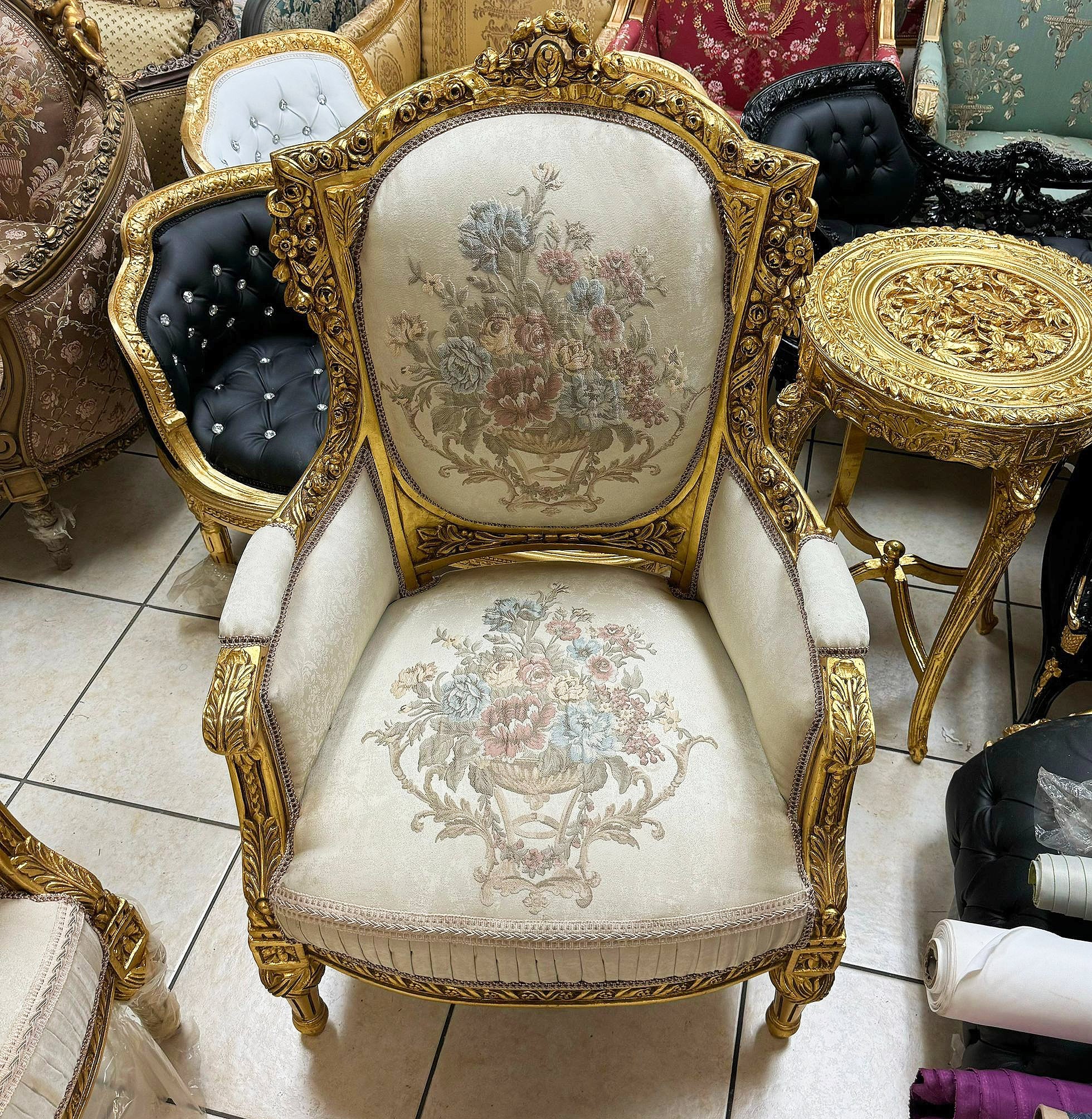 Rococo Style Beige Armchair with Gold Leaf Details – French Luxury Furniture