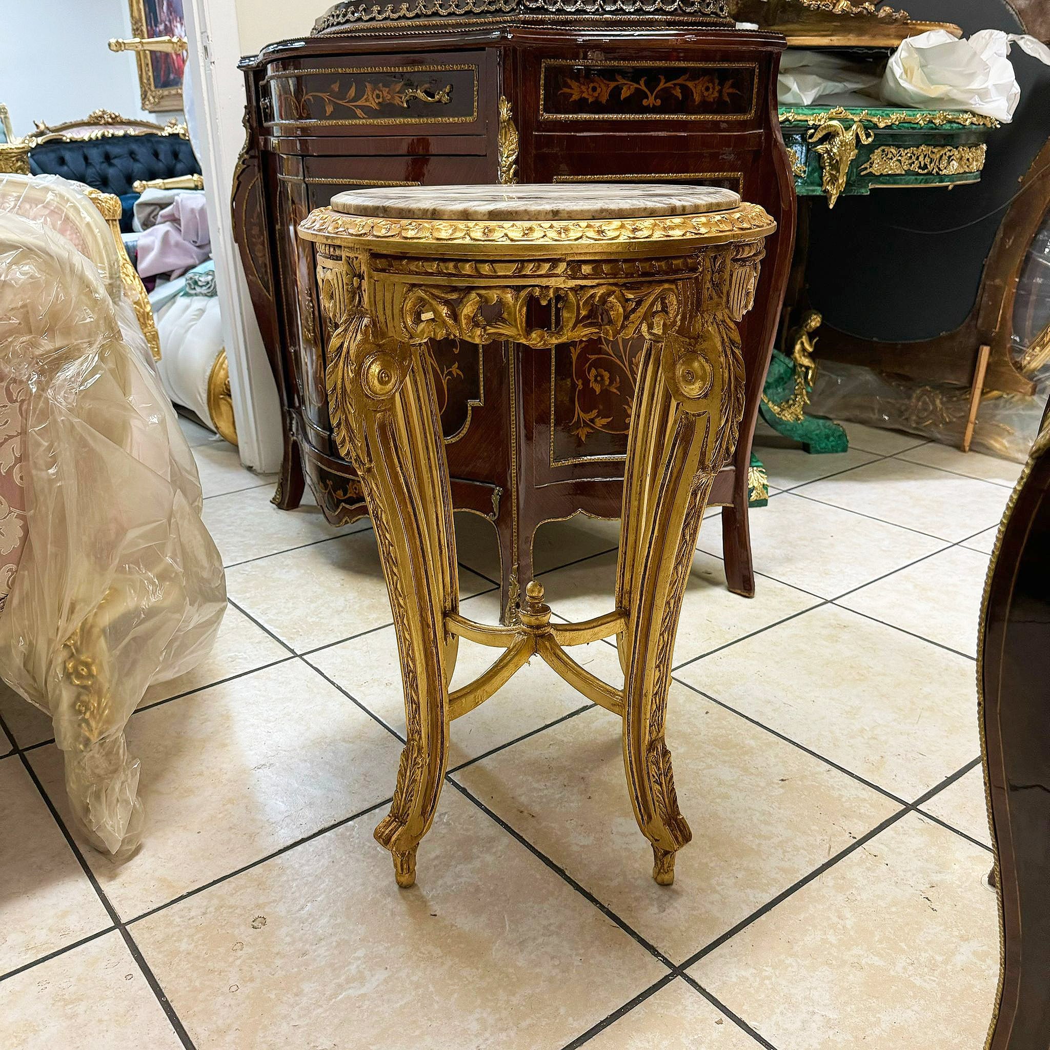 French Style Side Table Beige Marble Topped Gold Leaf Details Furniture Table