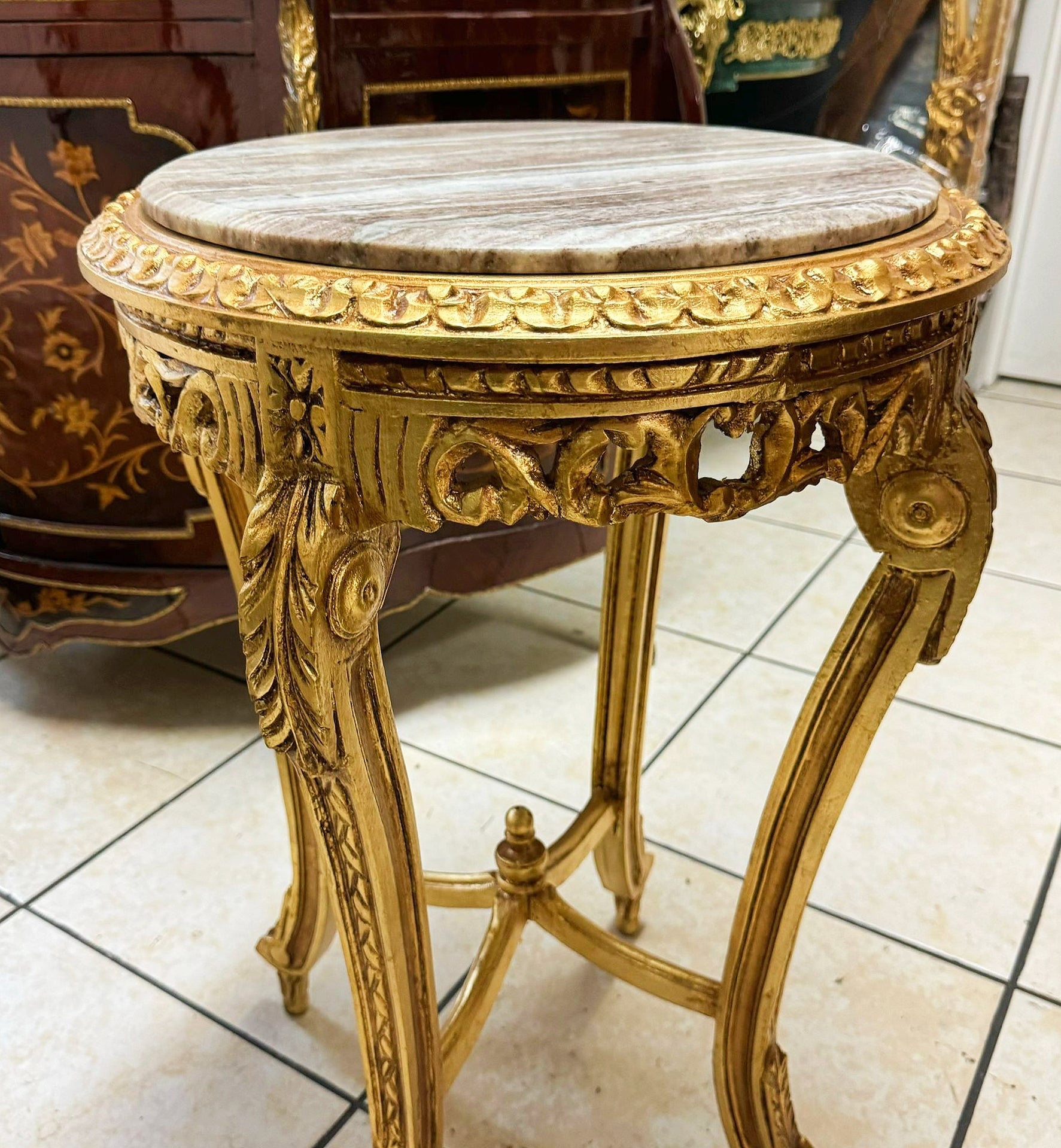 French Style Side Table Beige Marble Topped Gold Leaf Details Furniture Table