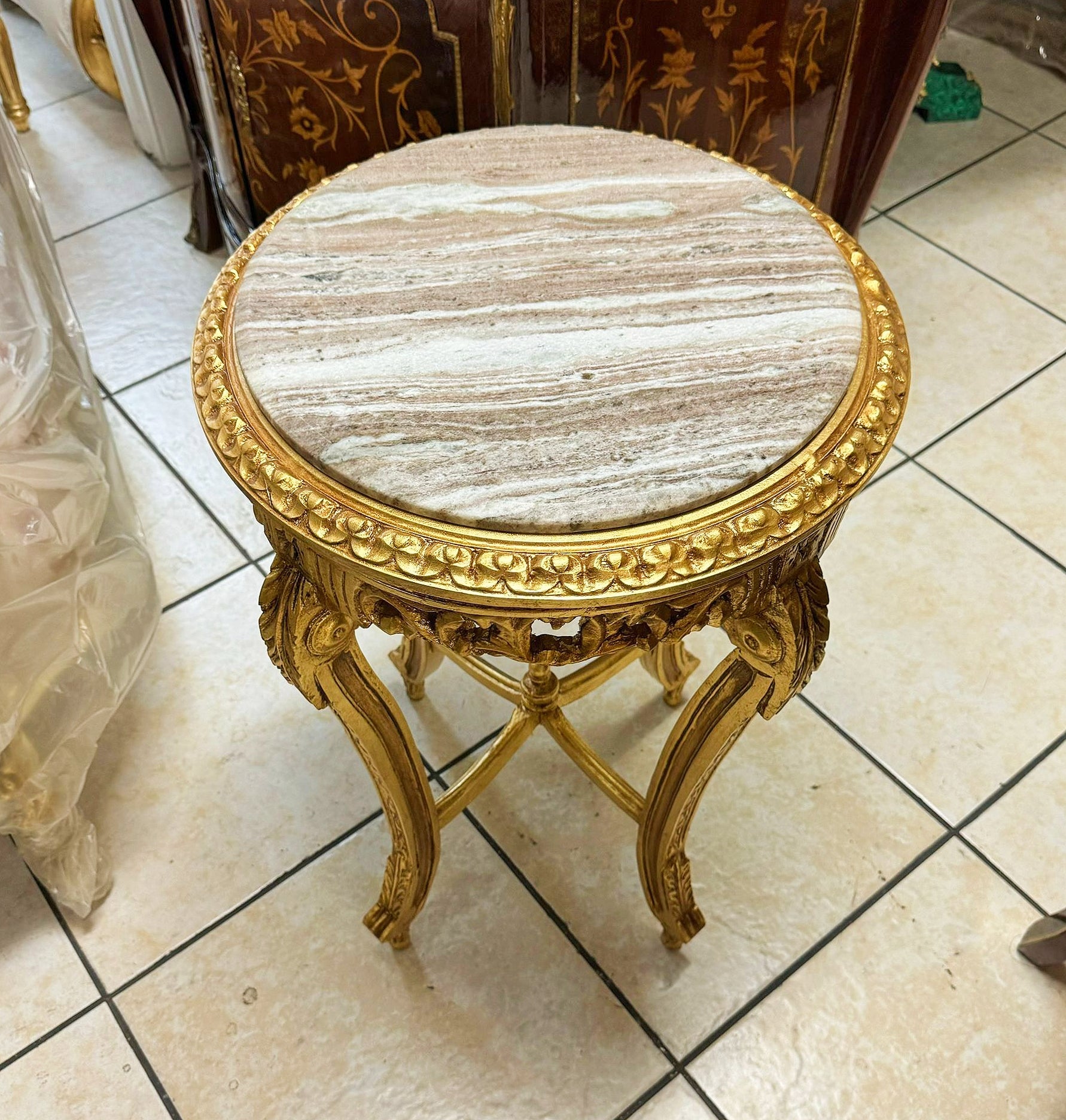 French Style Side Table Beige Marble Topped Gold Leaf Details Furniture Table