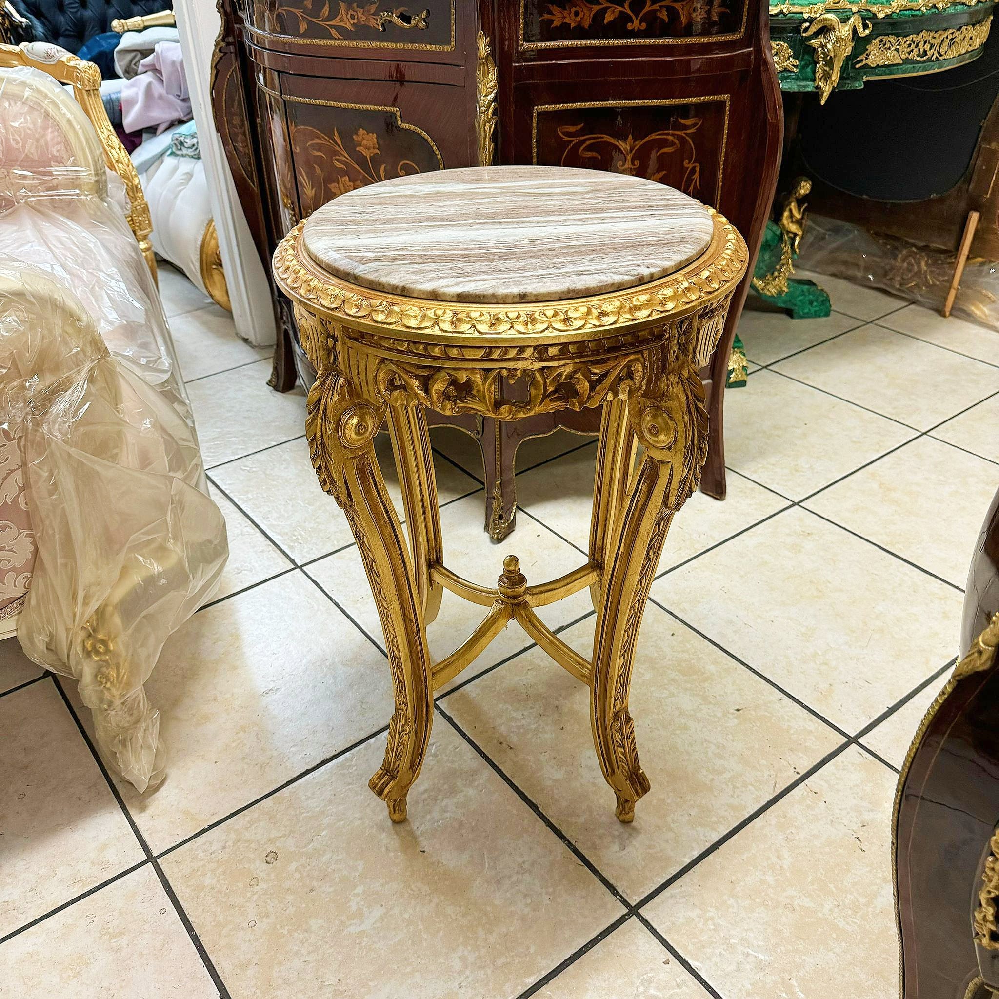 French Style Side Table Beige Marble Topped Gold Leaf Details Furniture Table