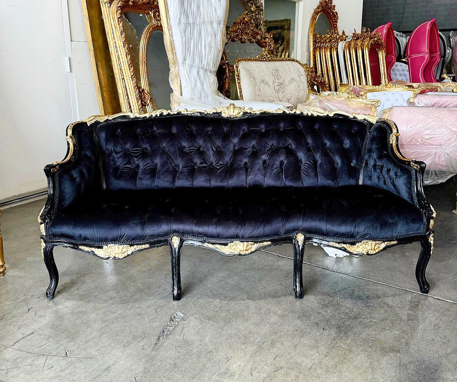 Gothic Style Black Velvet Sofa Interior Design Gold Leaf Details French