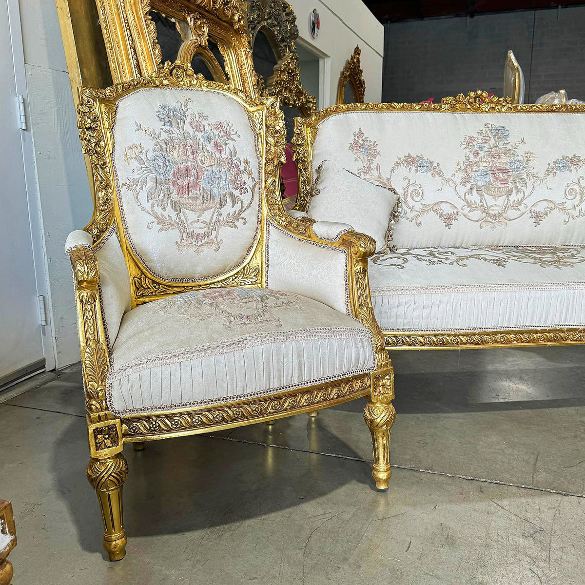 French Louis XVI Style Living Room Set – Gilded Gold Leaf Sofa & 2 Armchairs with White Damask Upholstery