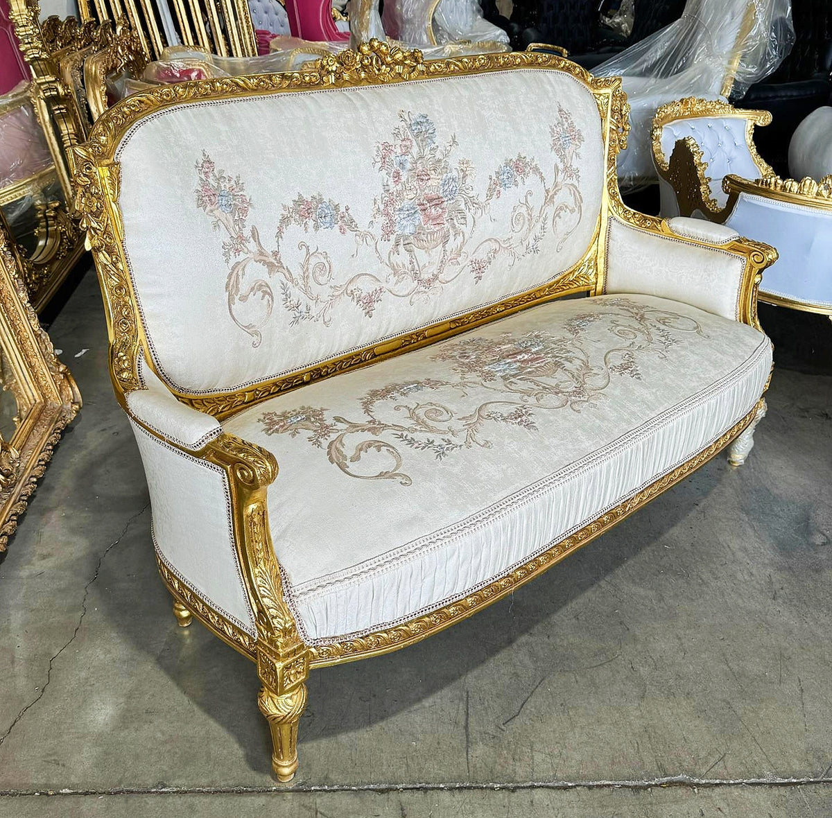 French Louis XVI Style Living Room Set – Gilded Gold Leaf Sofa & 2 Armchairs with White Damask Upholstery