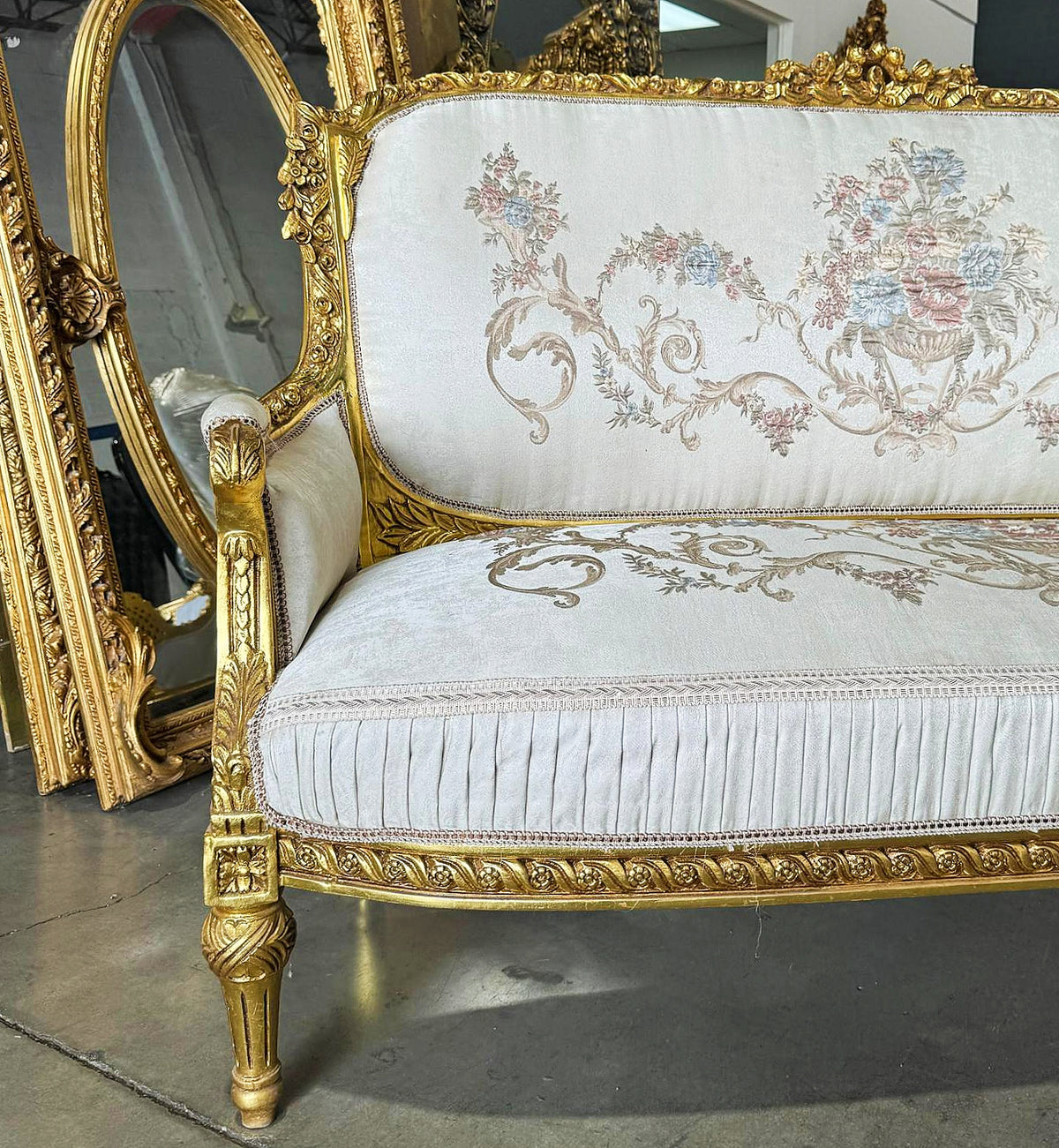 French Louis XVI Style Living Room Set – Gilded Gold Leaf Sofa & 2 Armchairs with White Damask Upholstery