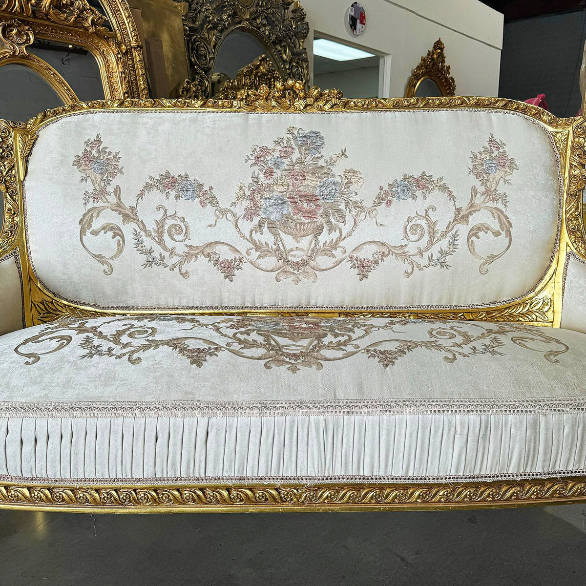 French Louis XVI Style Living Room Set – Gilded Gold Leaf Sofa & 2 Armchairs with White Damask Upholstery