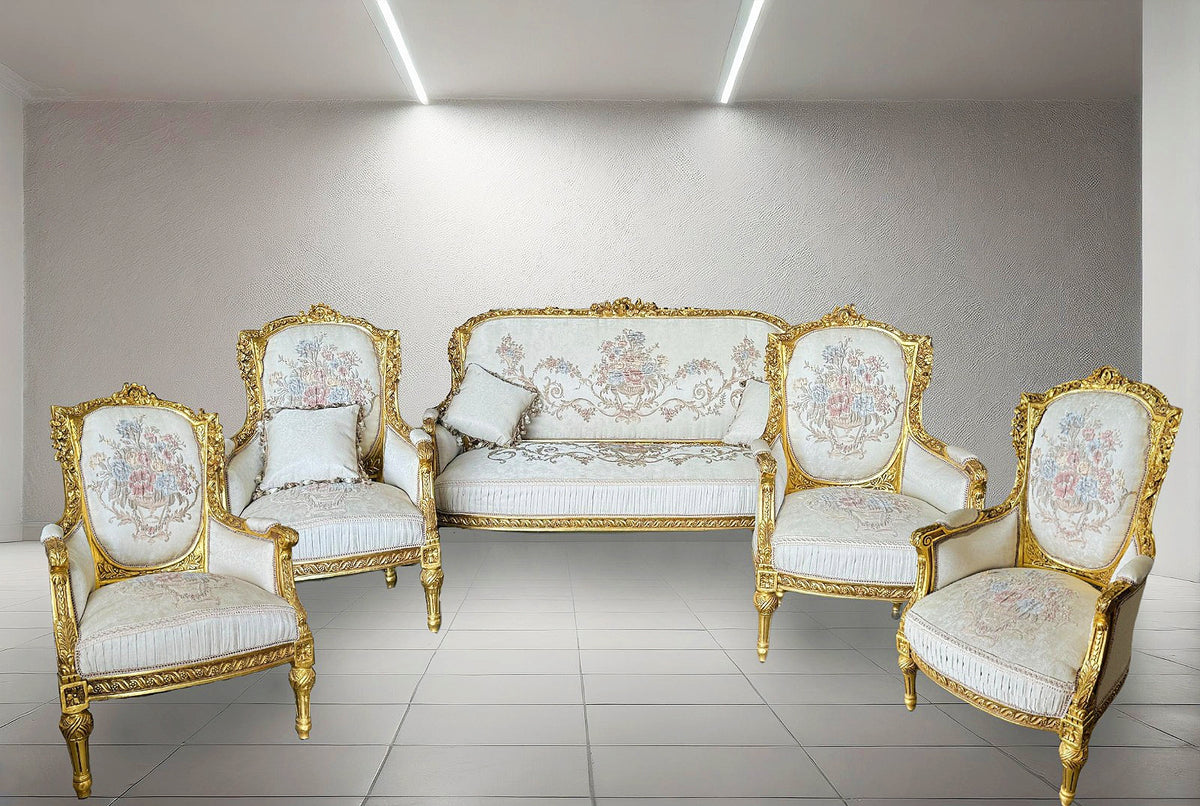 French Louis XVI Style Living Room Set – Gilded Gold Leaf Sofa & 2 Armchairs with White Damask Upholstery