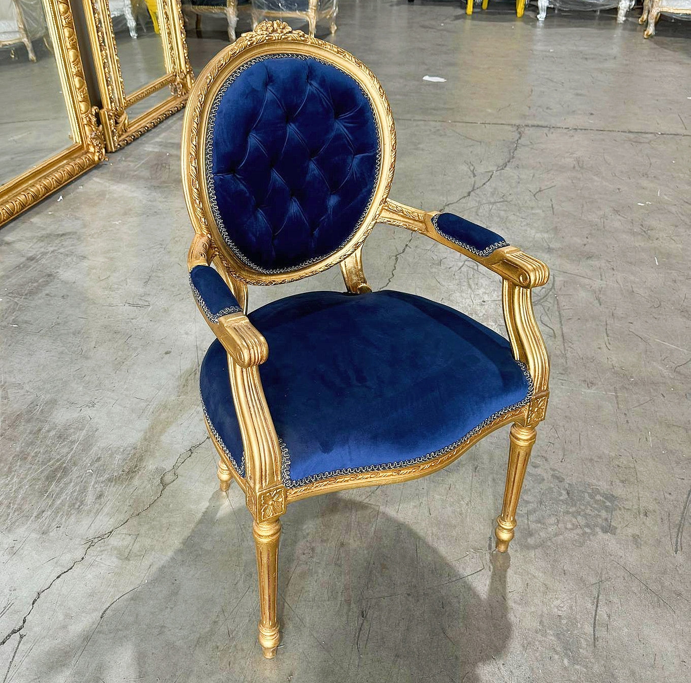 French Style Tufted Blue Velvet Chair with Gold Details Rococo Baroque
