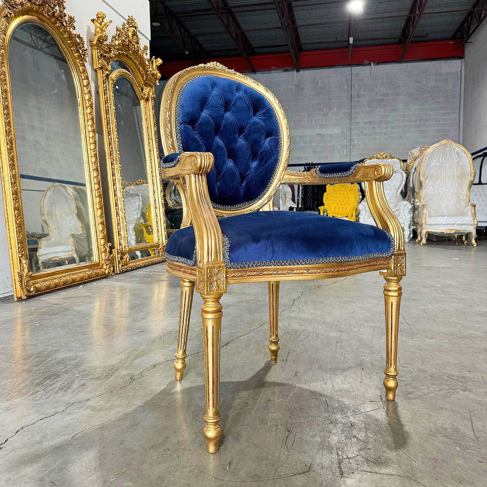 French Style Tufted Blue Velvet Chair with Gold Details Rococo Baroque