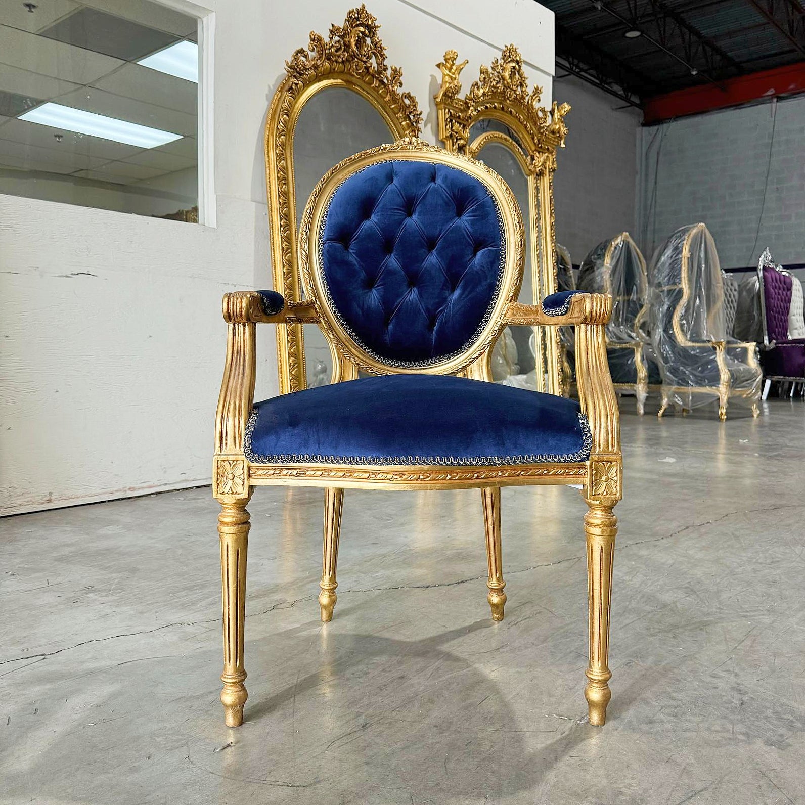 French Style Tufted Blue Velvet Chair with Gold Details Rococo Baroque