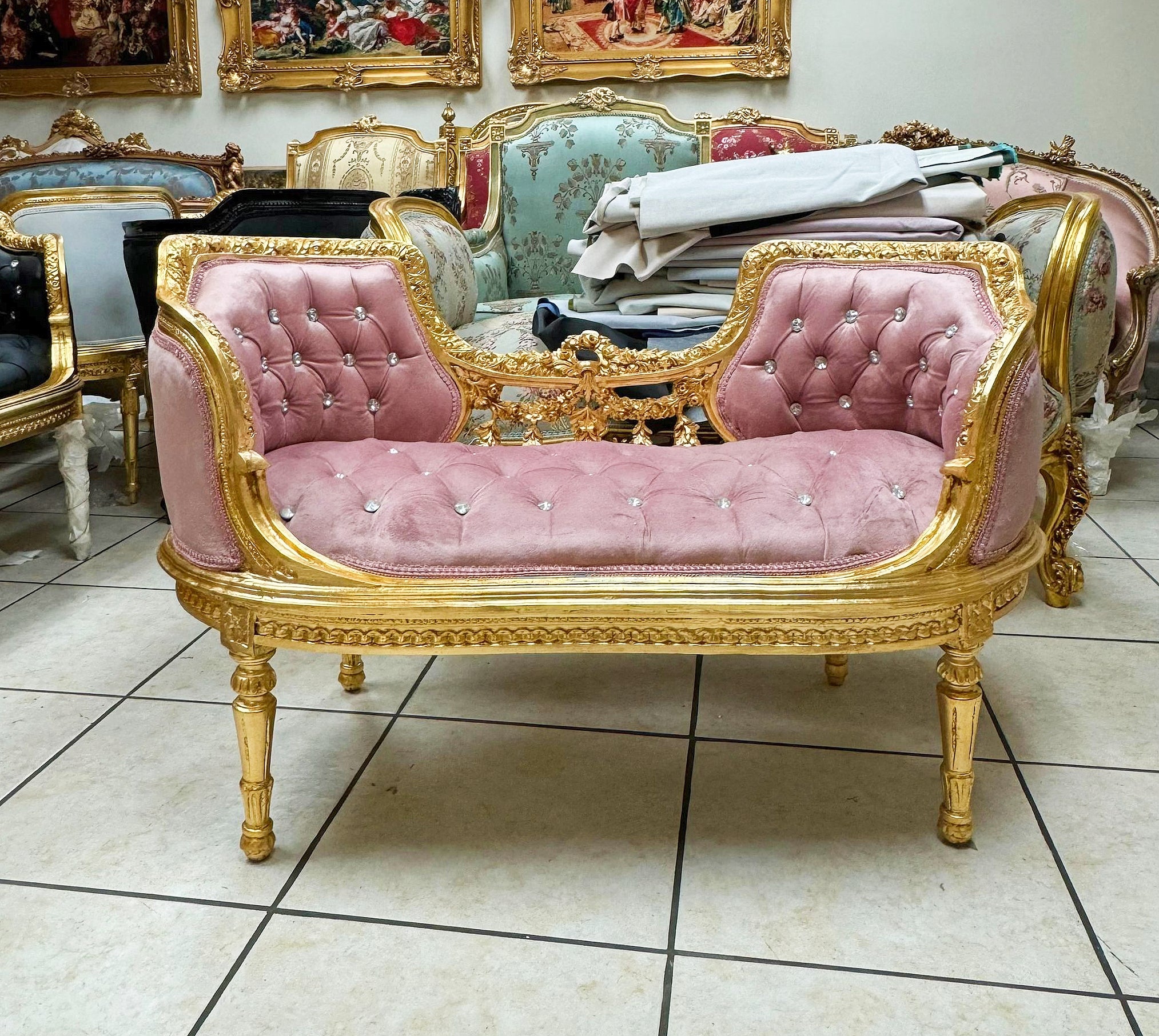 Tufted Bench Pink Velvet French Style Gold Details Rococo Baroque Furniture
