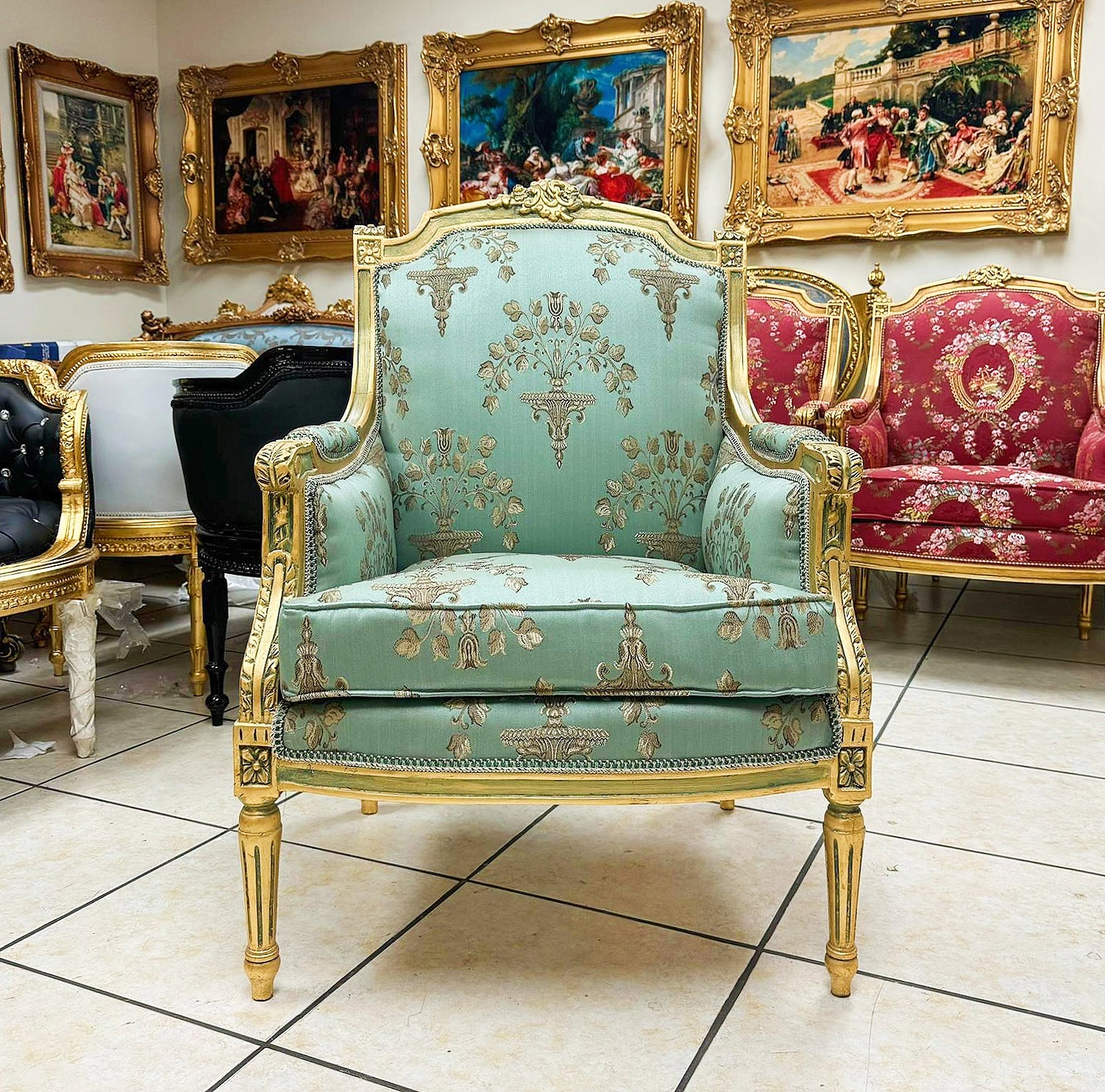 French Louis XV Style Blue Green Bergere Wing Chair with Gold Details