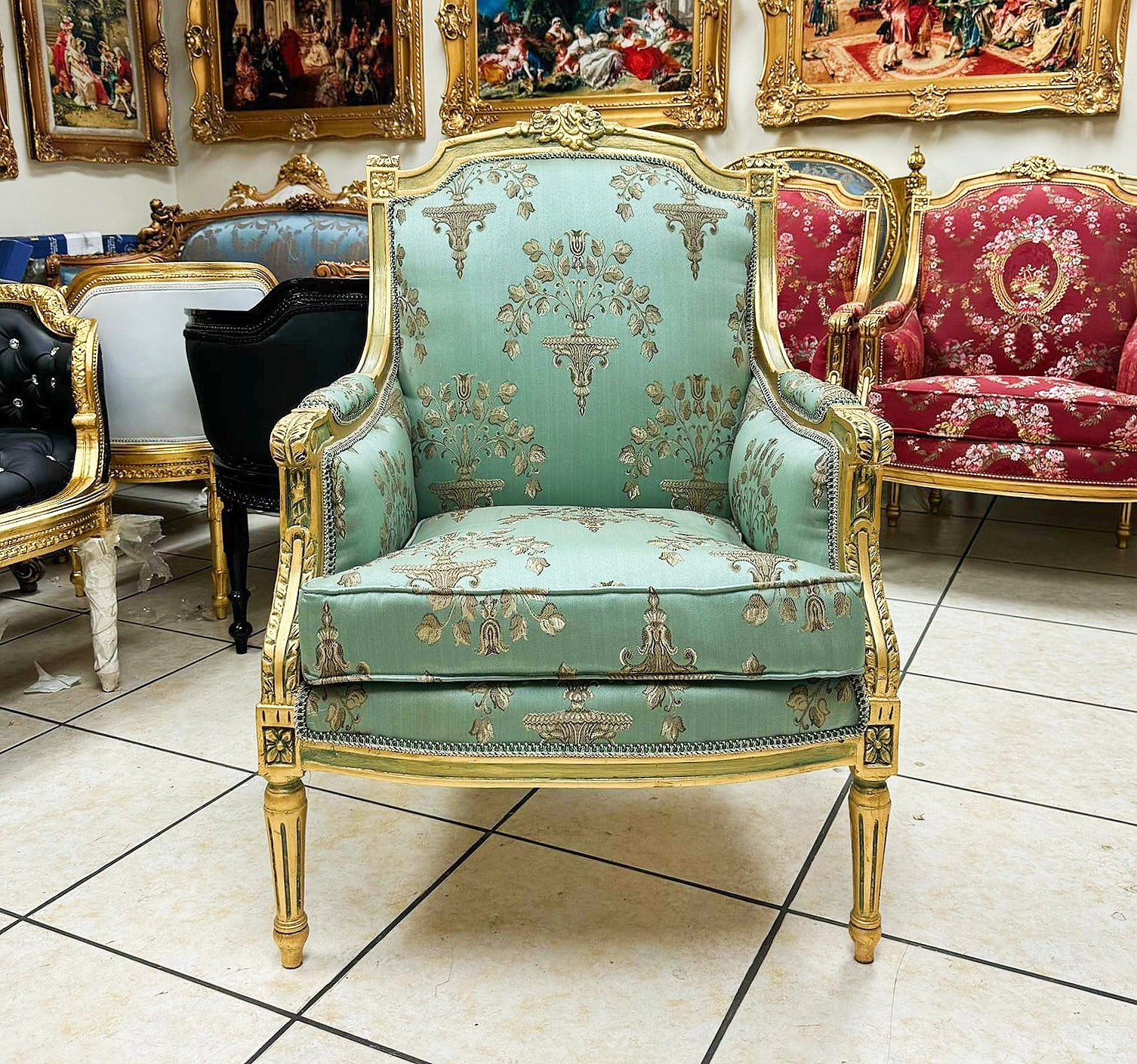 French Louis XV Style Blue Green Bergere Wing Chair with Gold Details