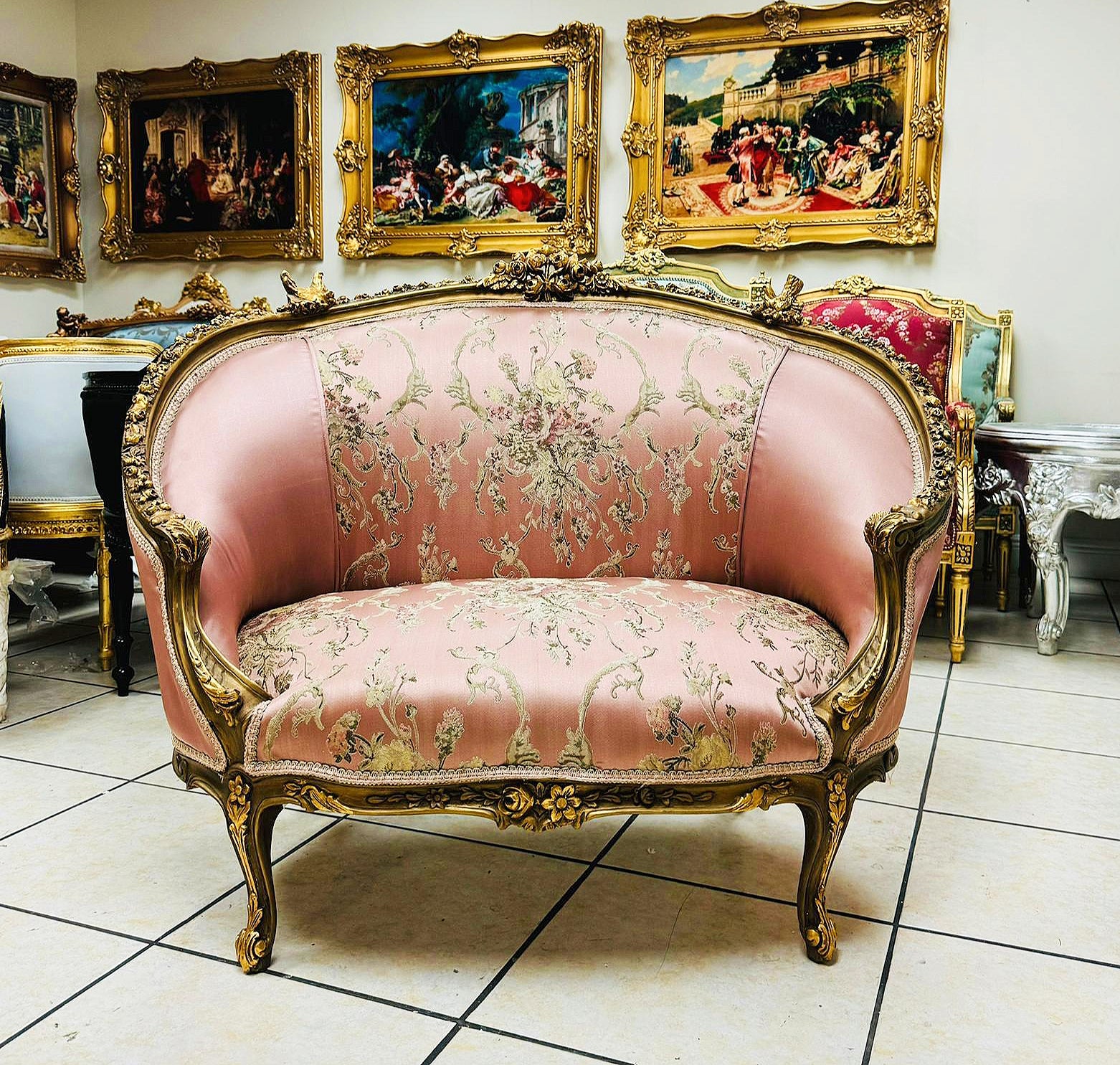 French Rococo Style Pink Sofa With Gold Details