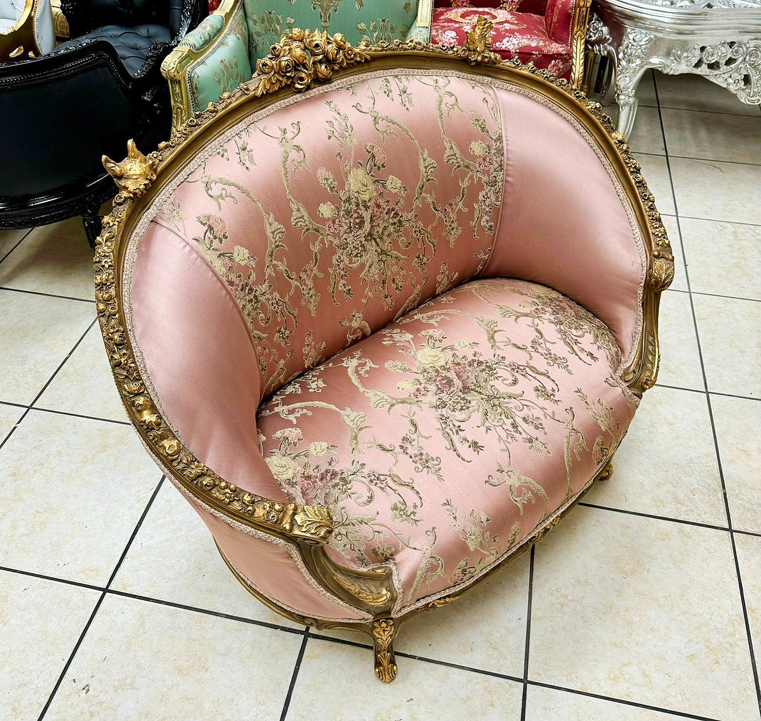 French Rococo Style Pink Sofa With Gold Details