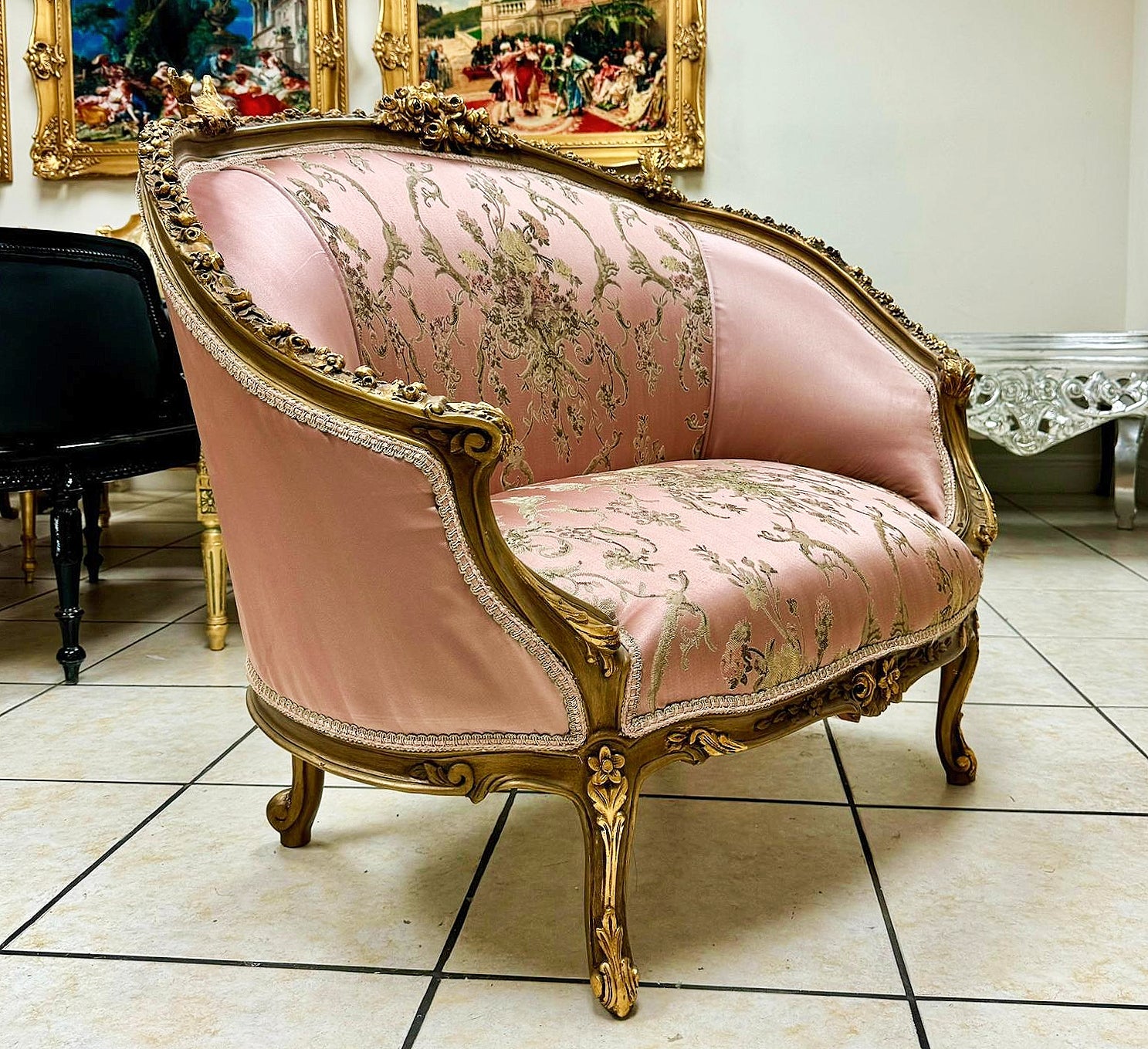 French Rococo Style Pink Sofa With Gold Details
