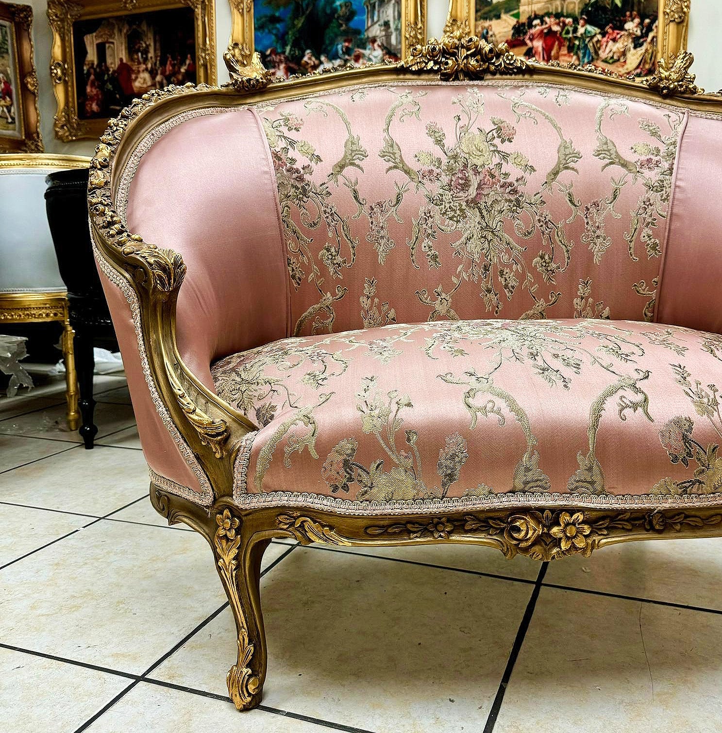 French Rococo Style Pink Sofa With Gold Details