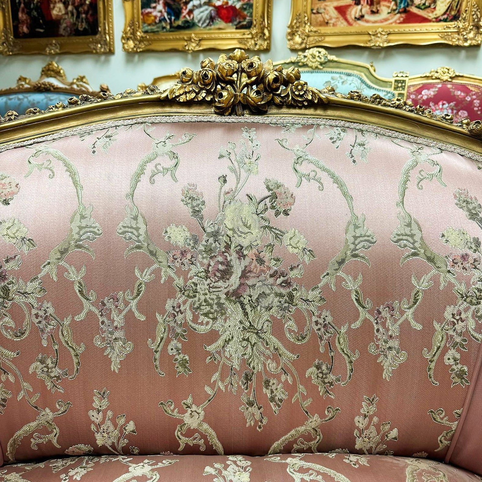 French Rococo Style Pink Sofa With Gold Details