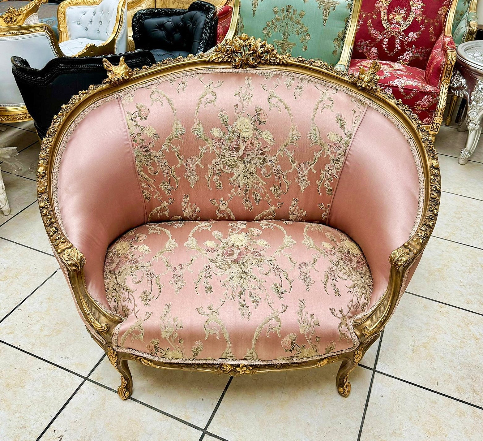 French Rococo Style Pink Sofa With Gold Details