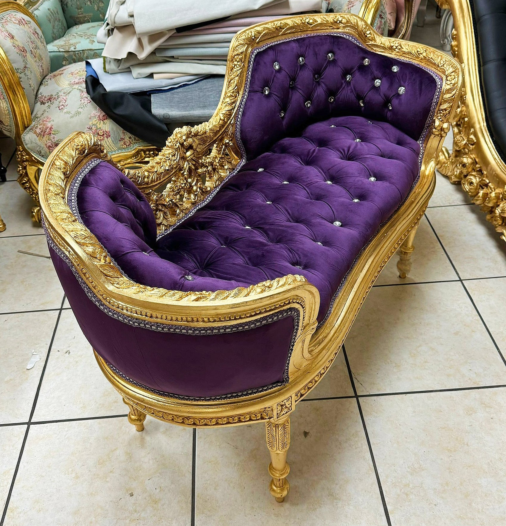 Tufted Bench Purple Velvet French Style Gold Details Rococo Baroque Furniture