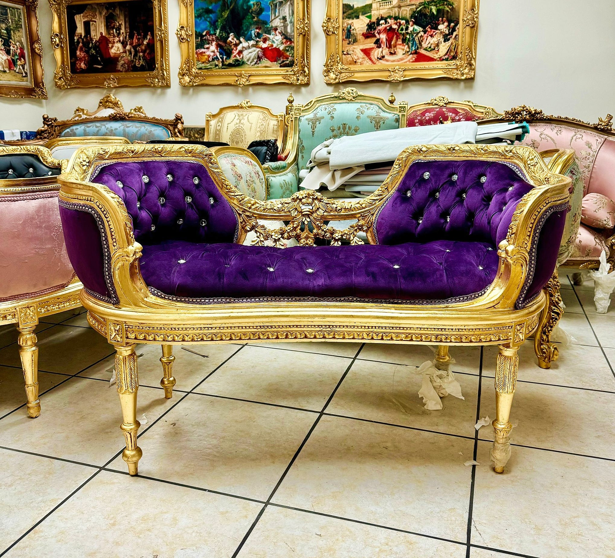 Tufted Bench Purple Velvet French Style Gold Details Rococo Baroque Furniture