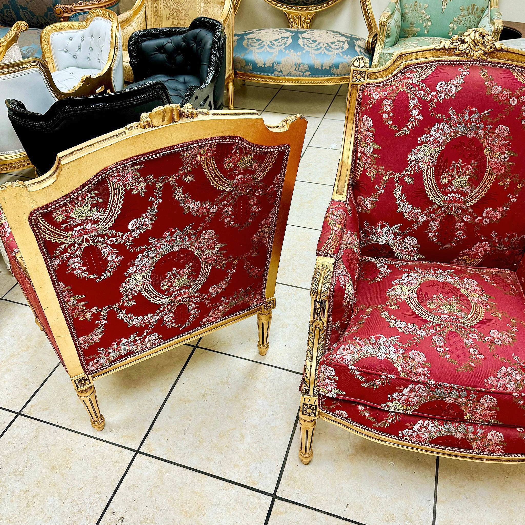 Ornate French Louis XV Bergère – Red Upholstery, Gold Trim Accent Chair