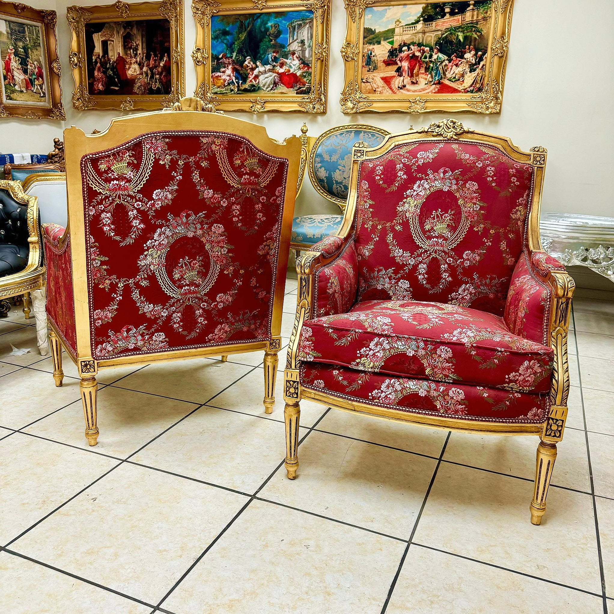 Ornate French Louis XV Bergère – Red Upholstery, Gold Trim Accent Chair