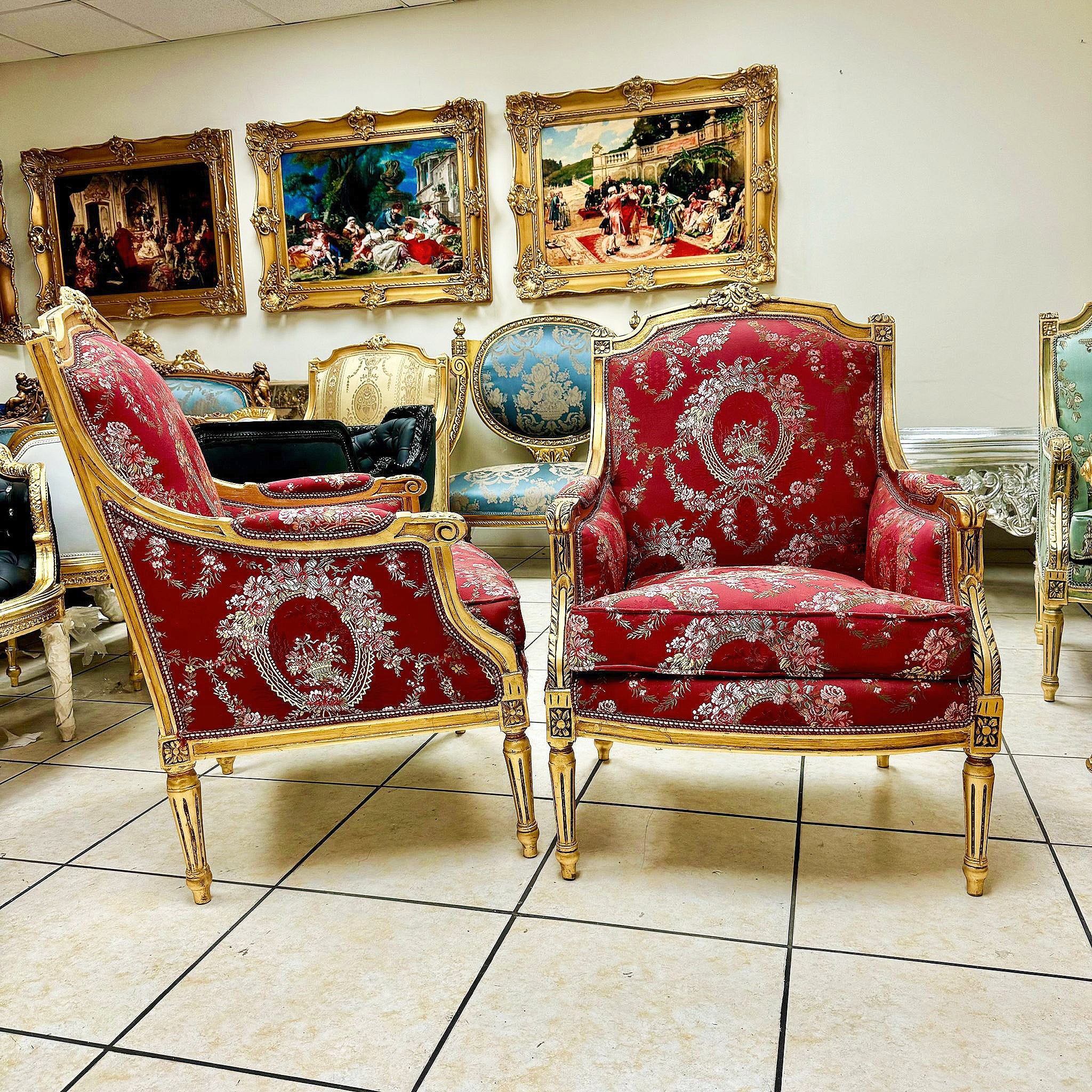 Ornate French Louis XV Bergère – Red Upholstery, Gold Trim Accent Chair