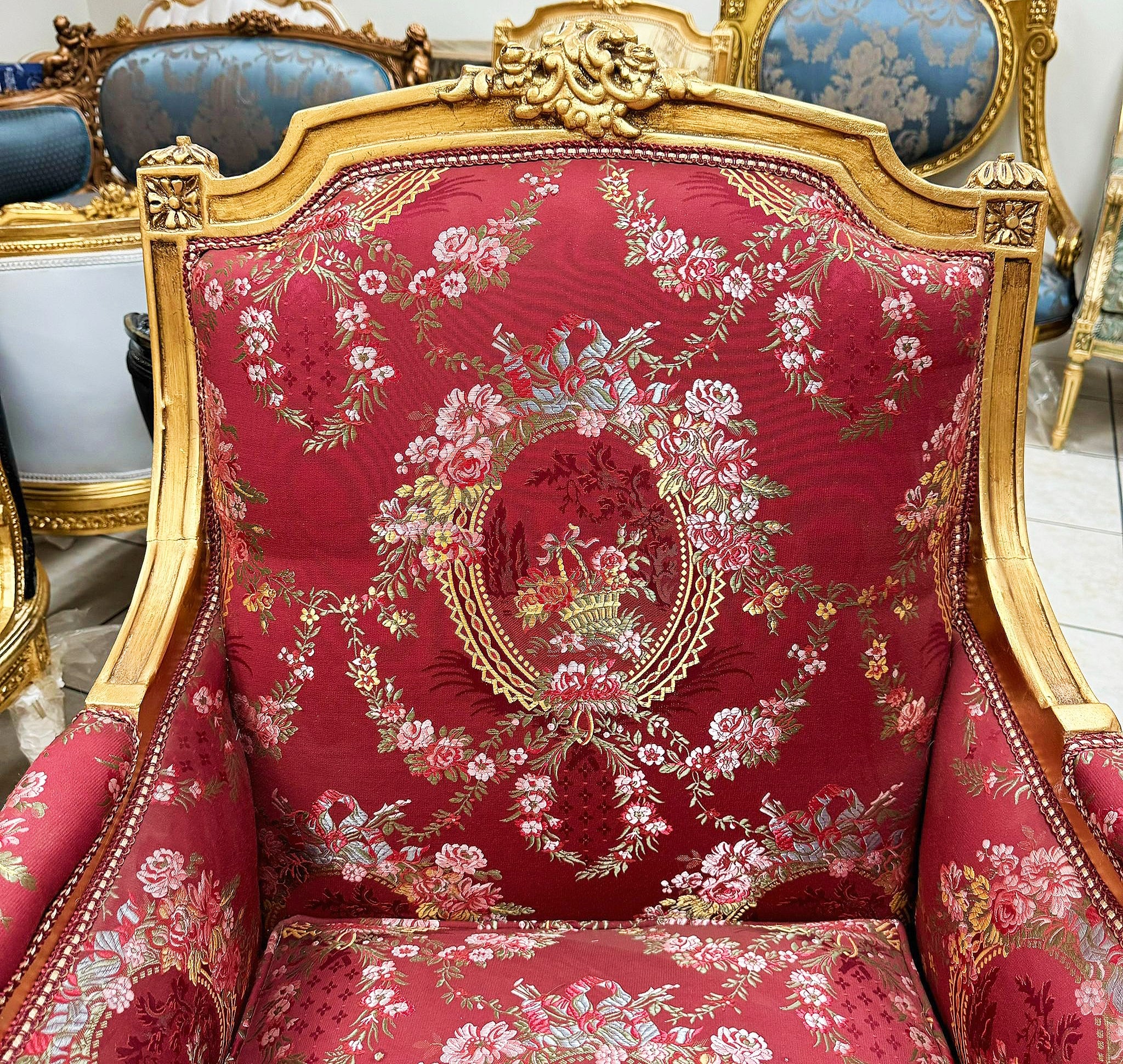 Ornate French Louis XV Bergère – Red Upholstery, Gold Trim Accent Chair
