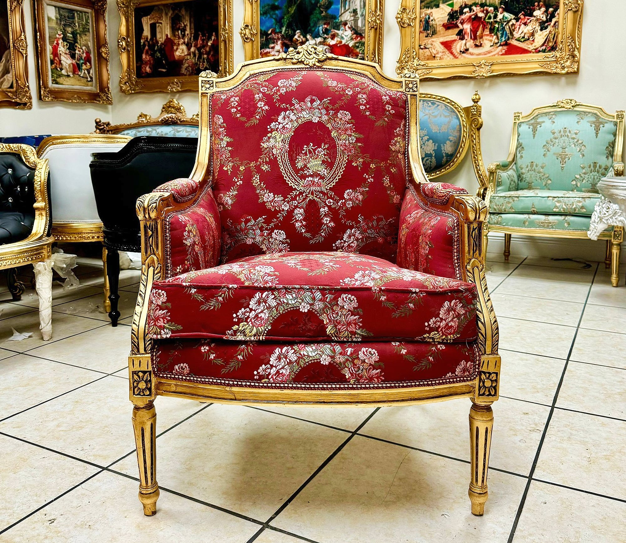 Ornate French Louis XV Bergère – Red Upholstery, Gold Trim Accent Chair