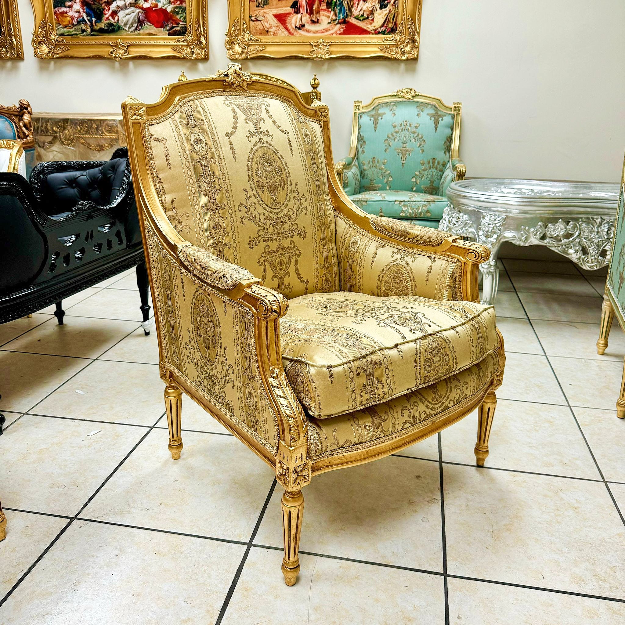 French Louis XV Style Gold Bergere Wing Chair with Gold Leaf Details
