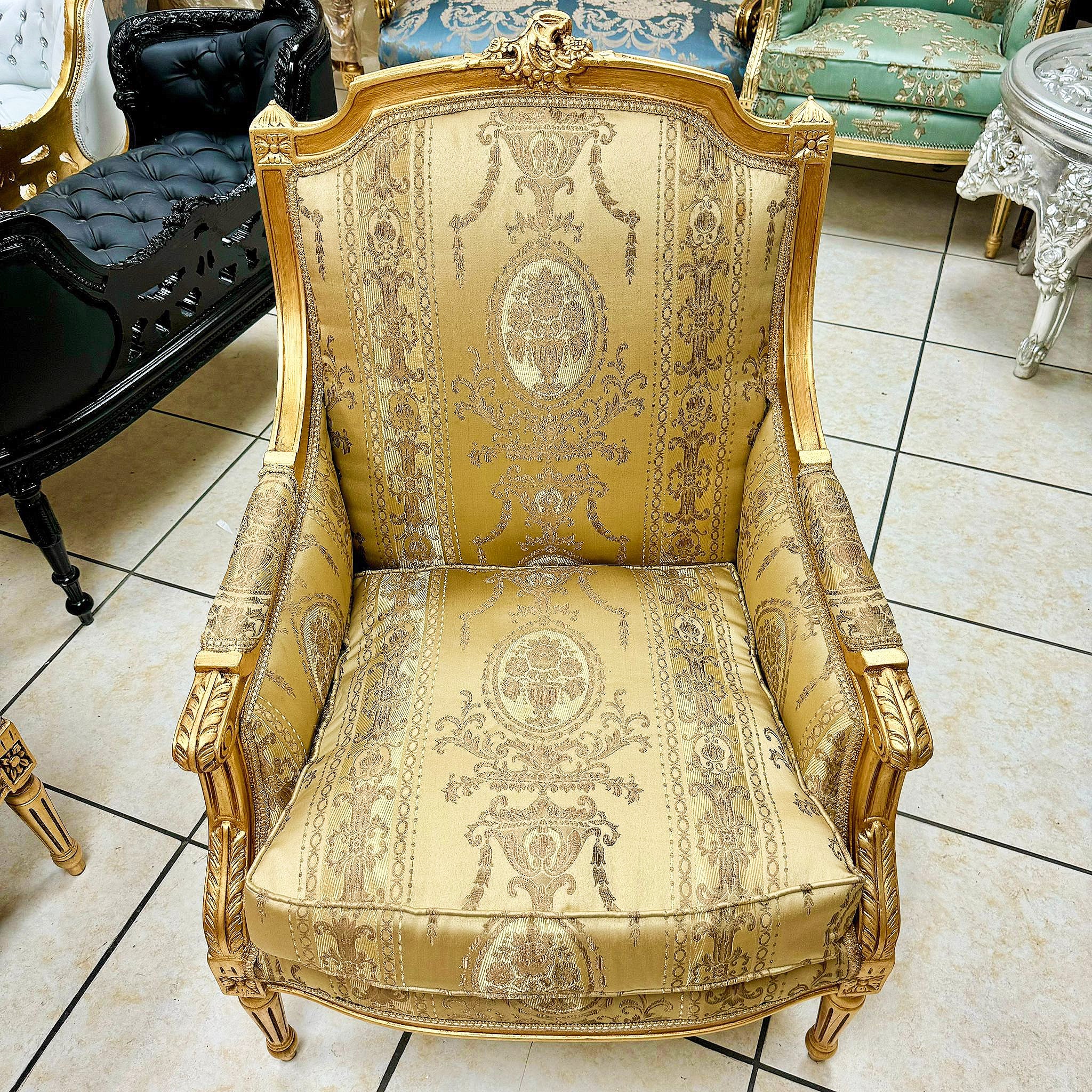 French Louis XV Style Gold Bergere Wing Chair with Gold Leaf Details