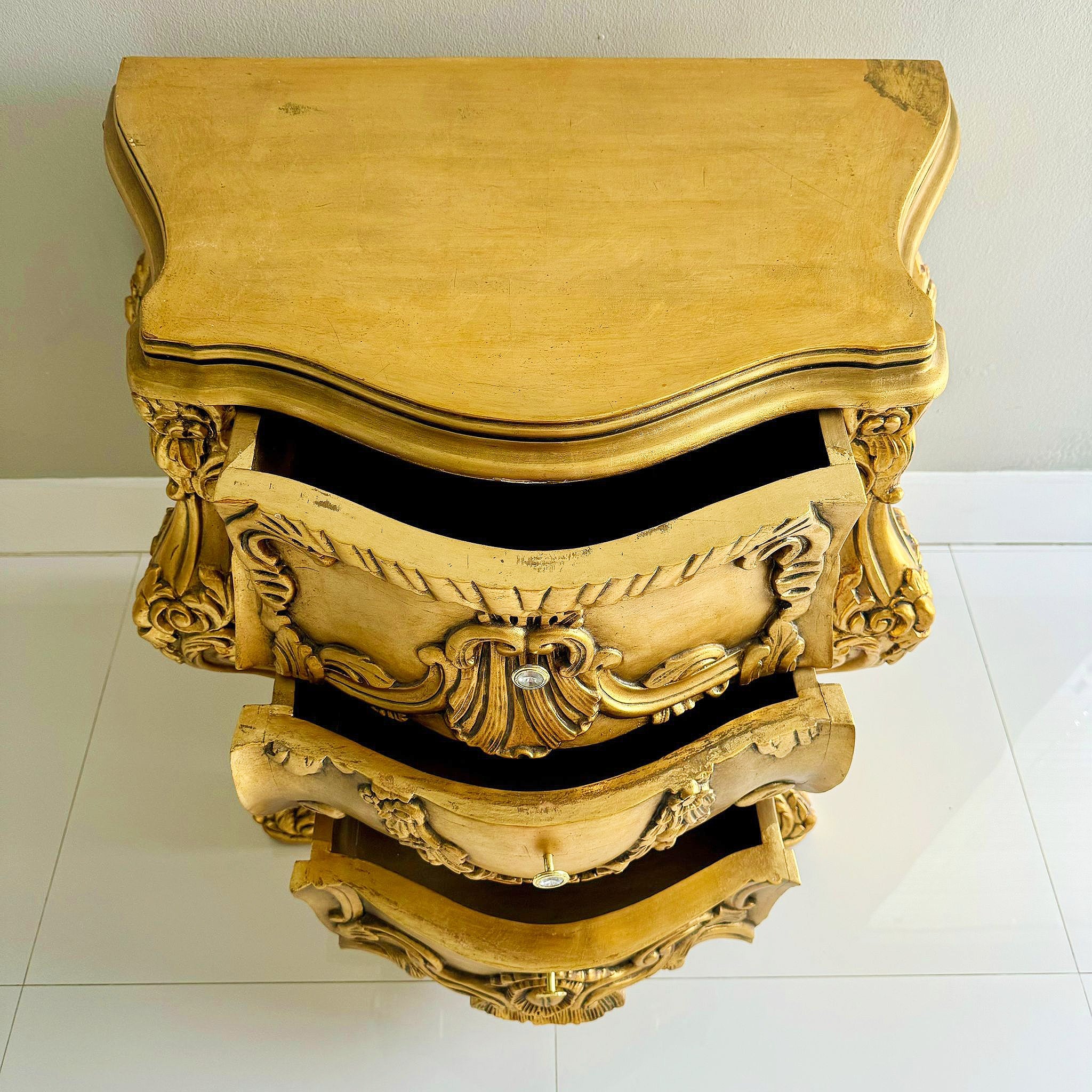 French Baroque Style Gold Commode Bedside Table *3 drawers*