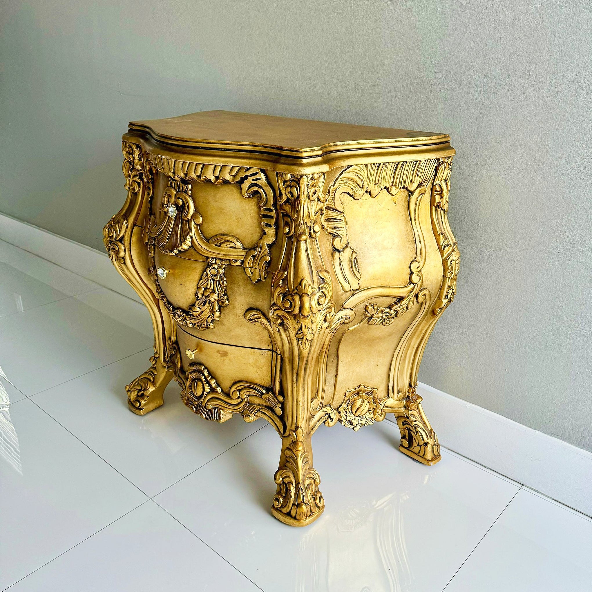 French Baroque Style Gold Commode Bedside Table *3 drawers*