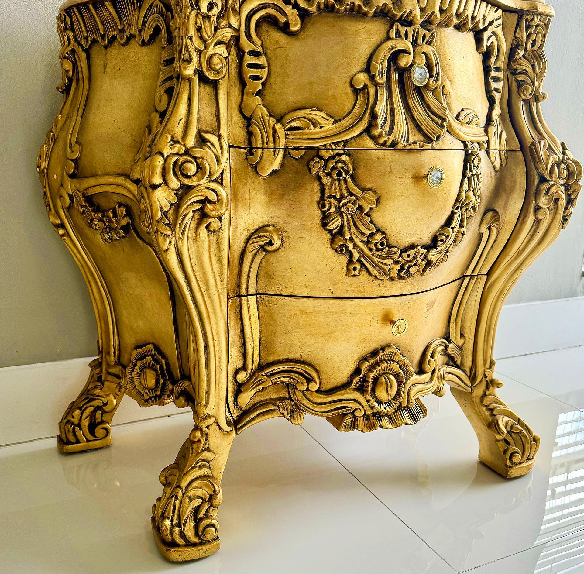 French Baroque Style Gold Commode Bedside Table *3 drawers*