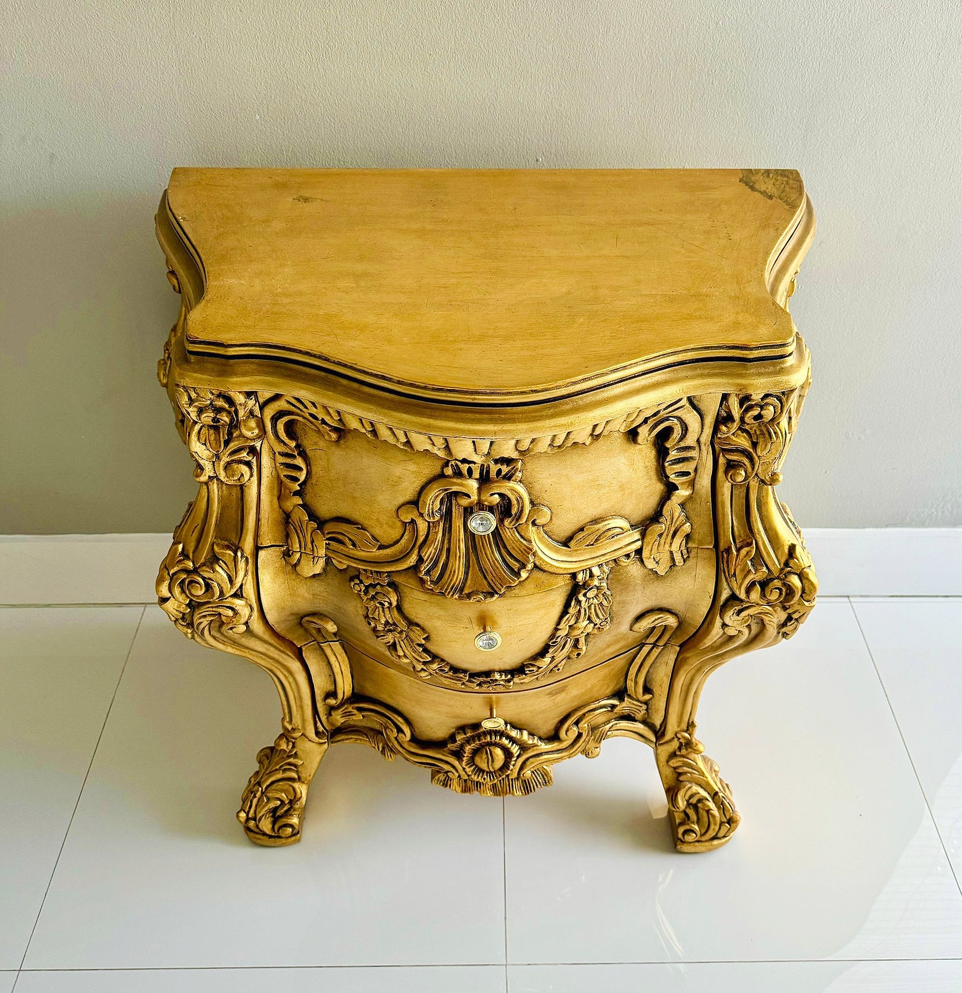 French Baroque Style Gold Commode Bedside Table *3 drawers*