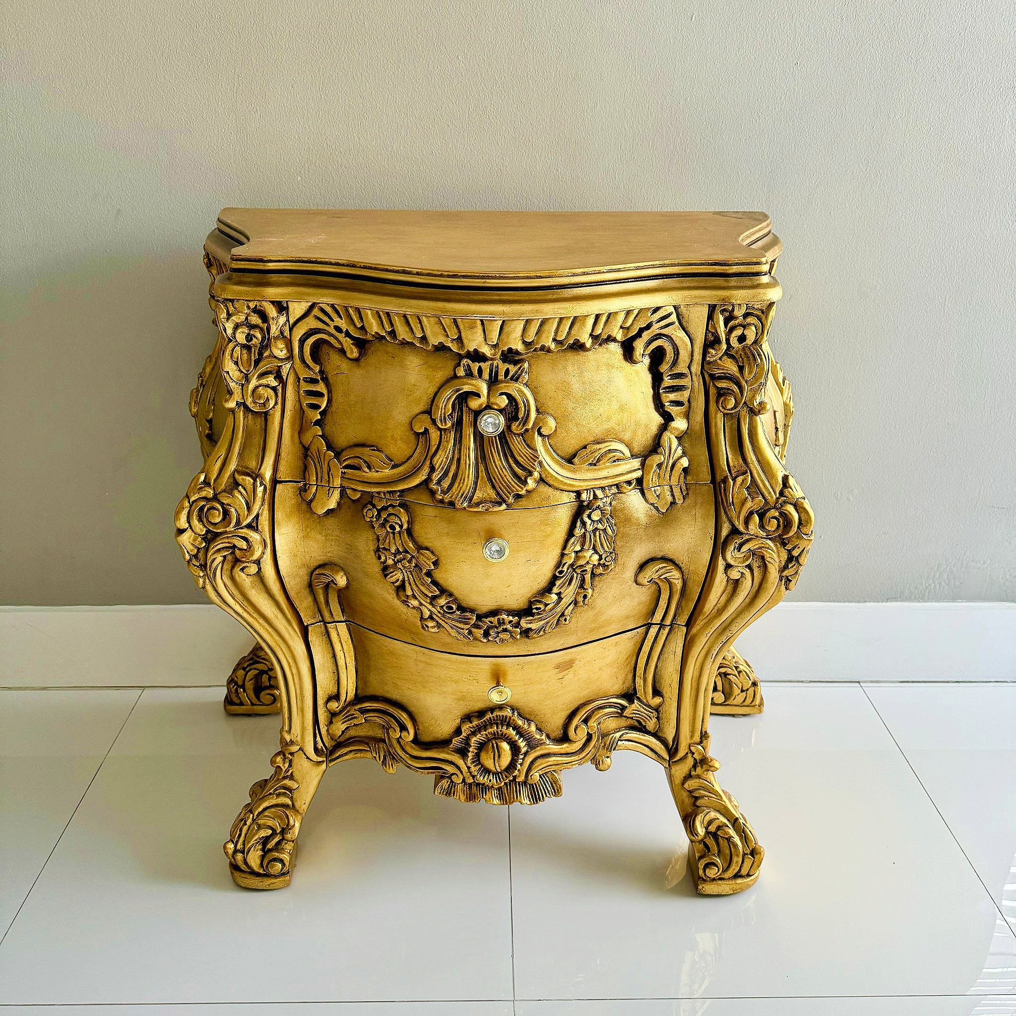 French Baroque Style Gold Commode Bedside Table *3 drawers*