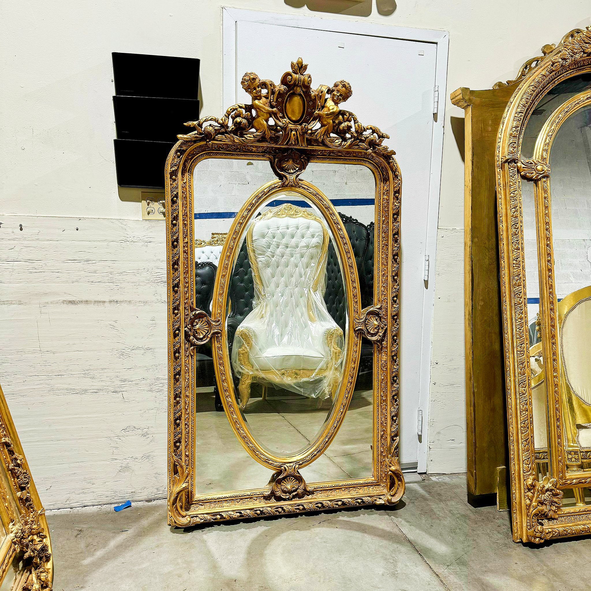 French Rococo Style Gold Floor Mirror with Angels Details