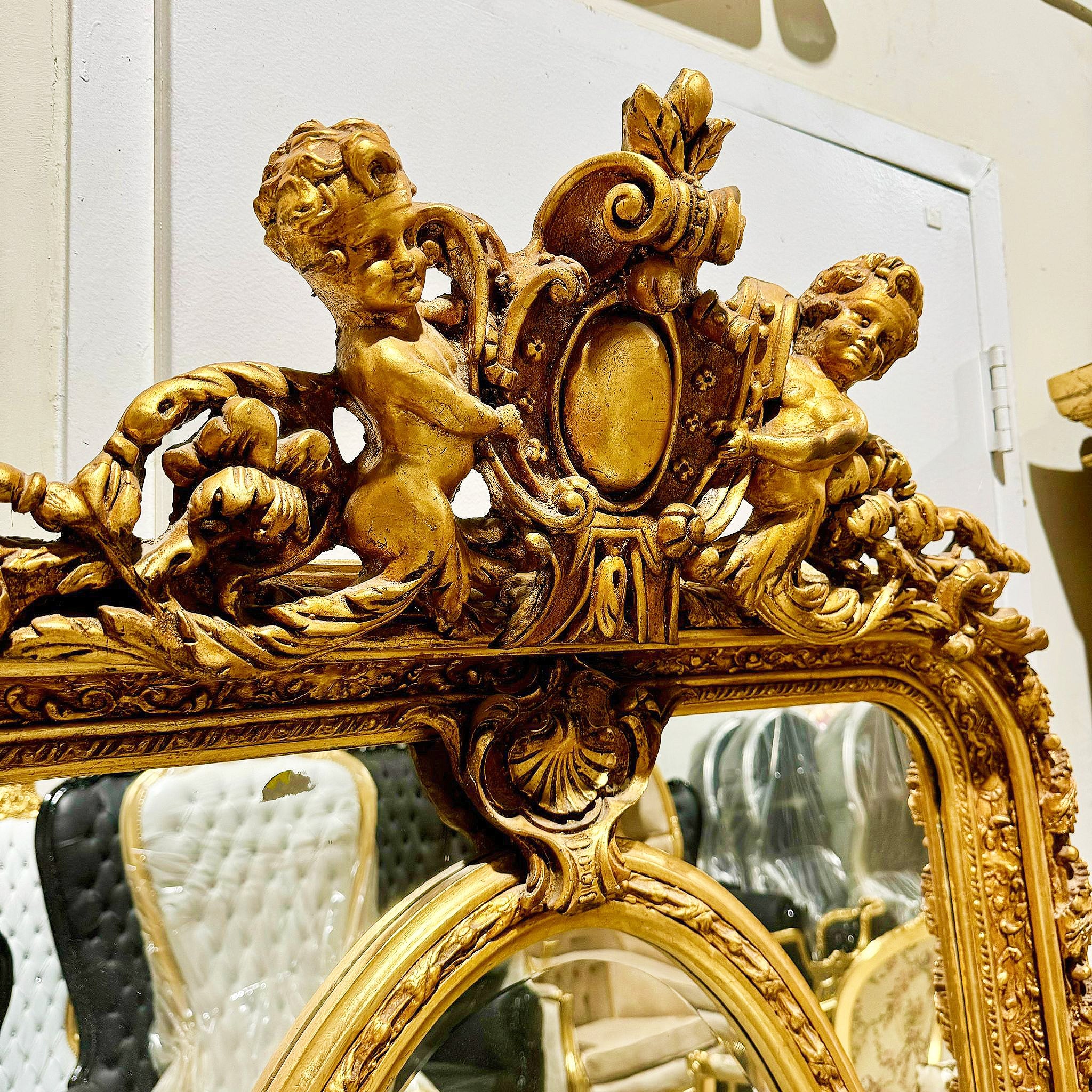 French Rococo Style Gold Floor Mirror with Angels Details