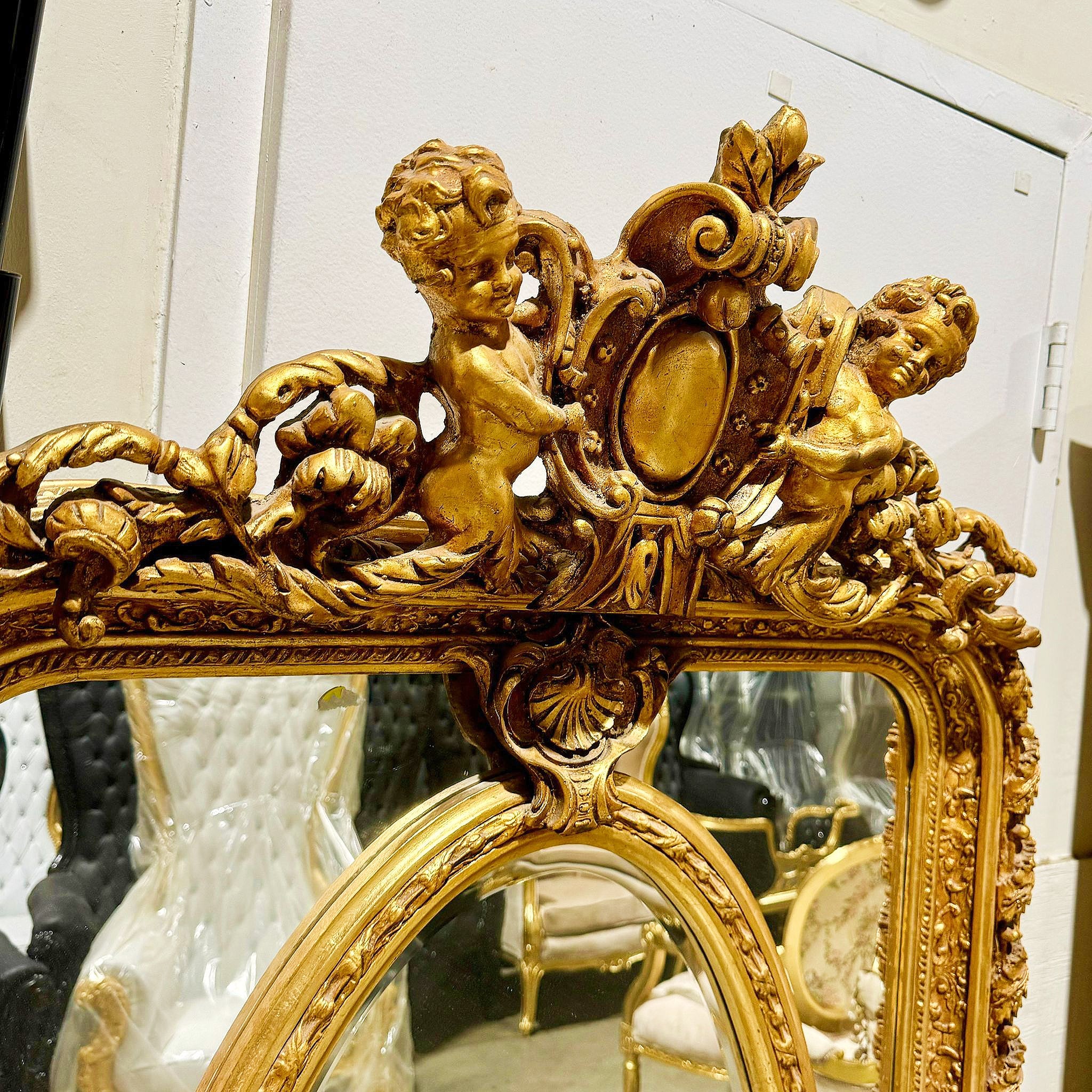 French Rococo Style Gold Floor Mirror with Angels Details
