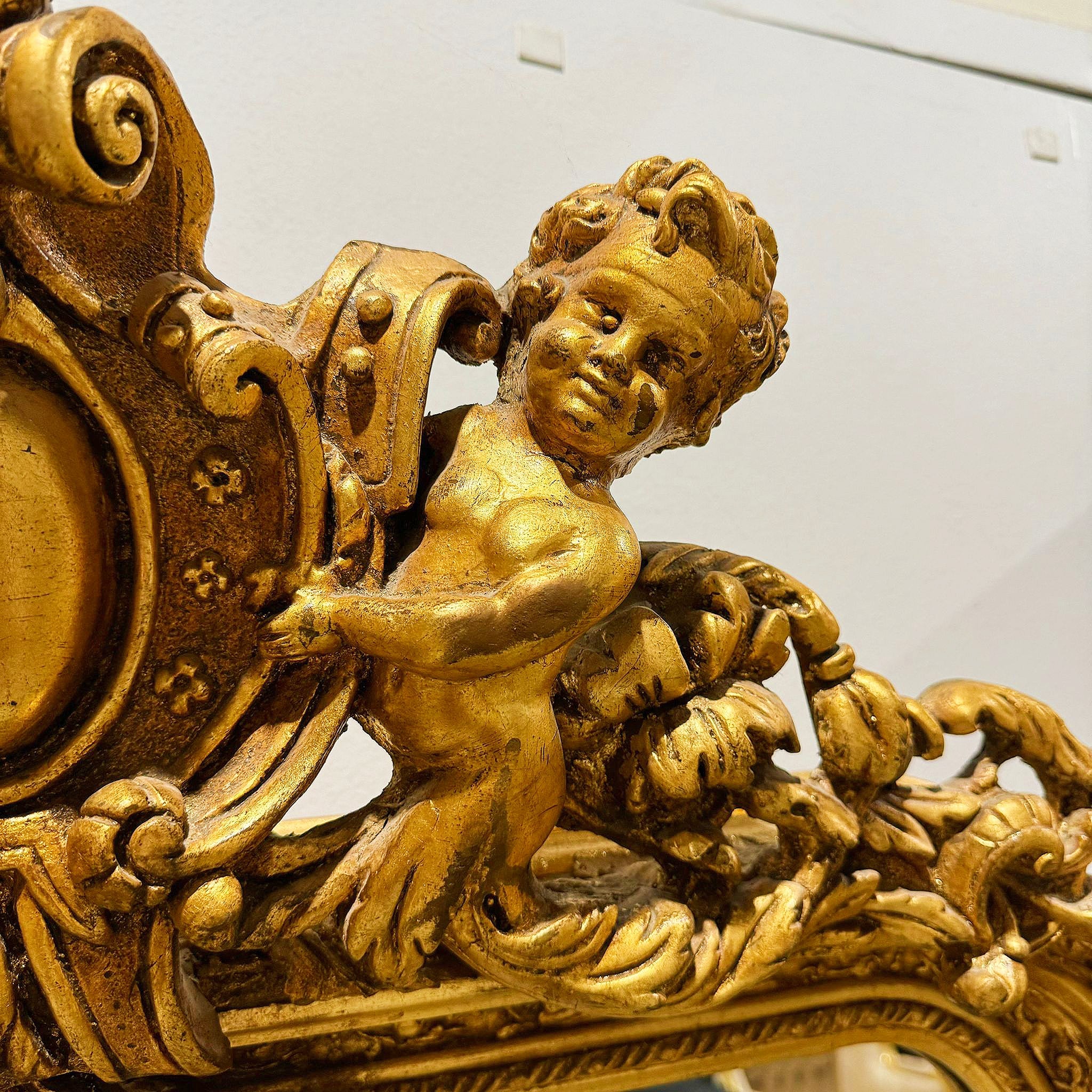 French Rococo Style Gold Floor Mirror with Angels Details