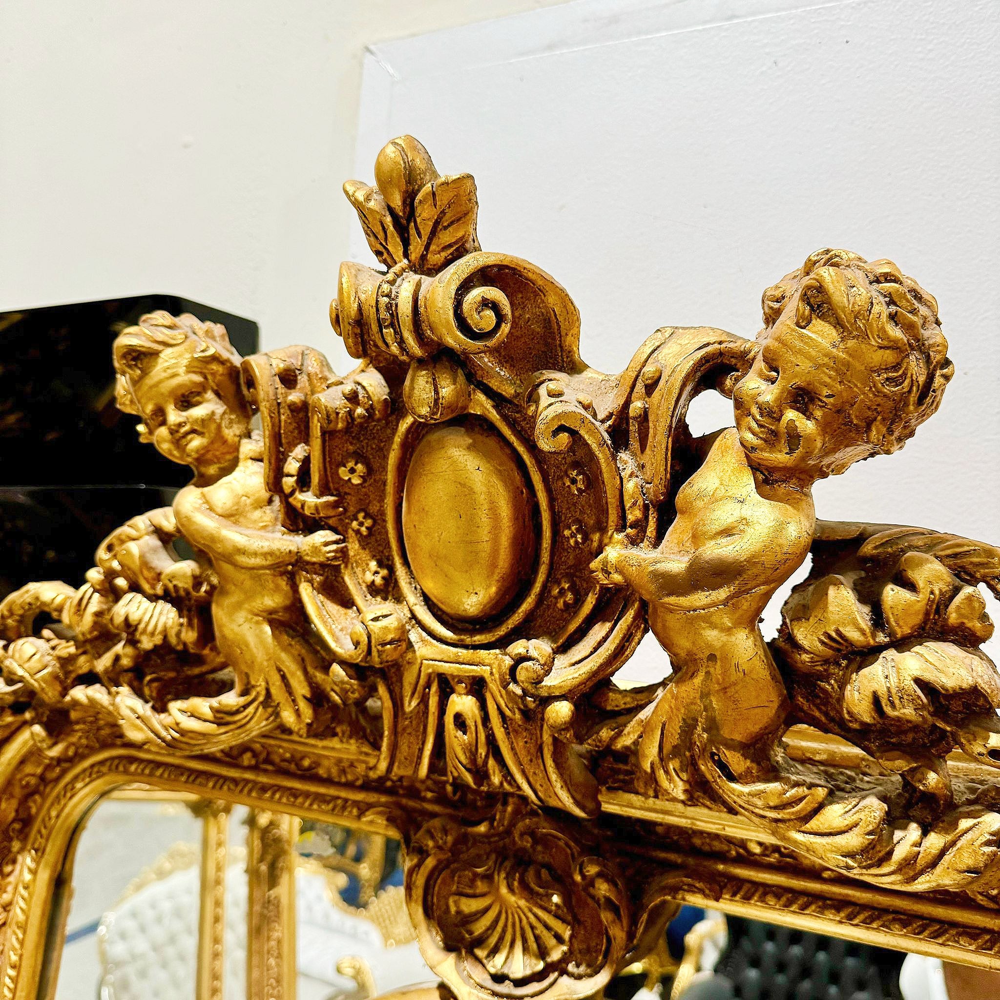French Rococo Style Gold Floor Mirror with Angels Details