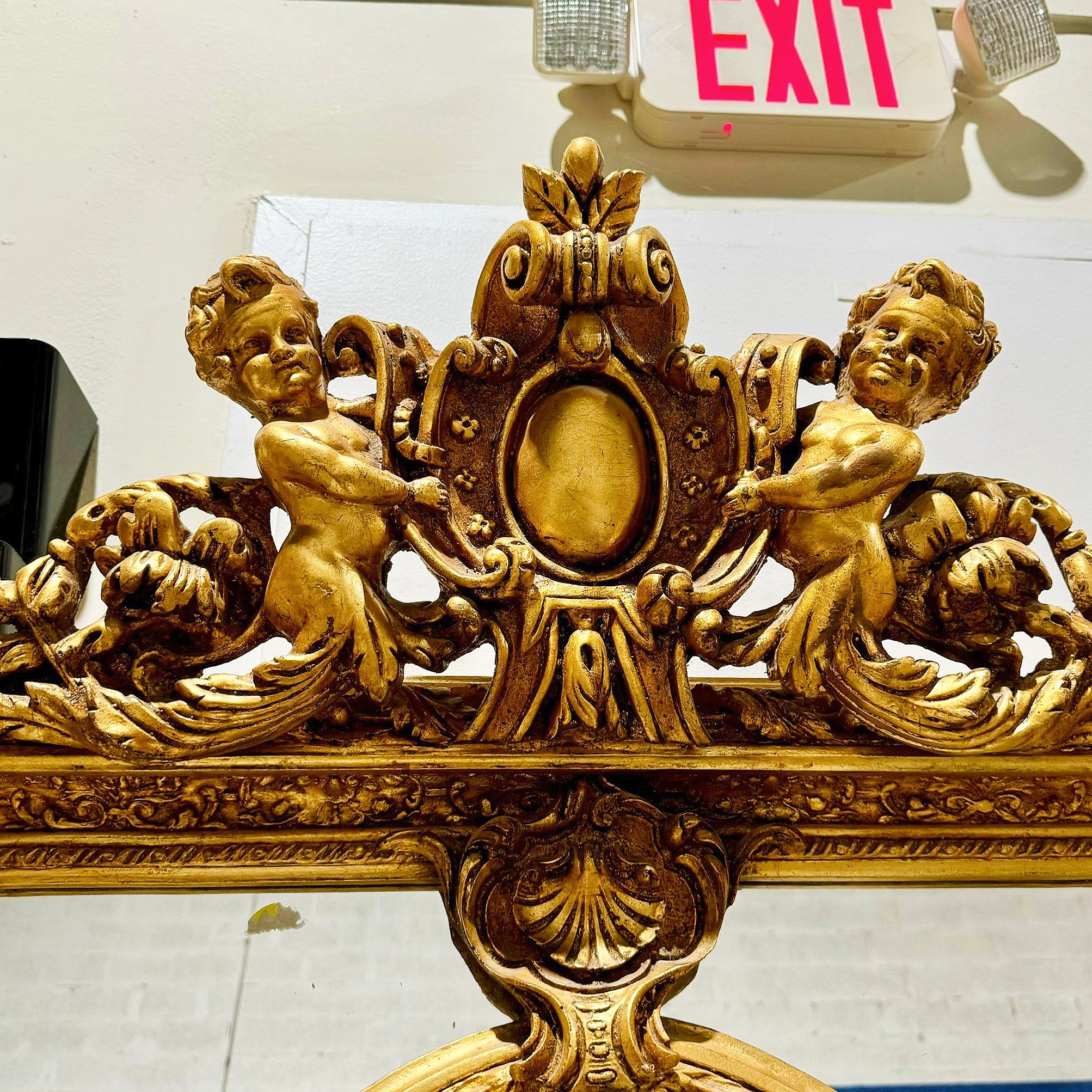 French Rococo Style Gold Floor Mirror with Angels Details
