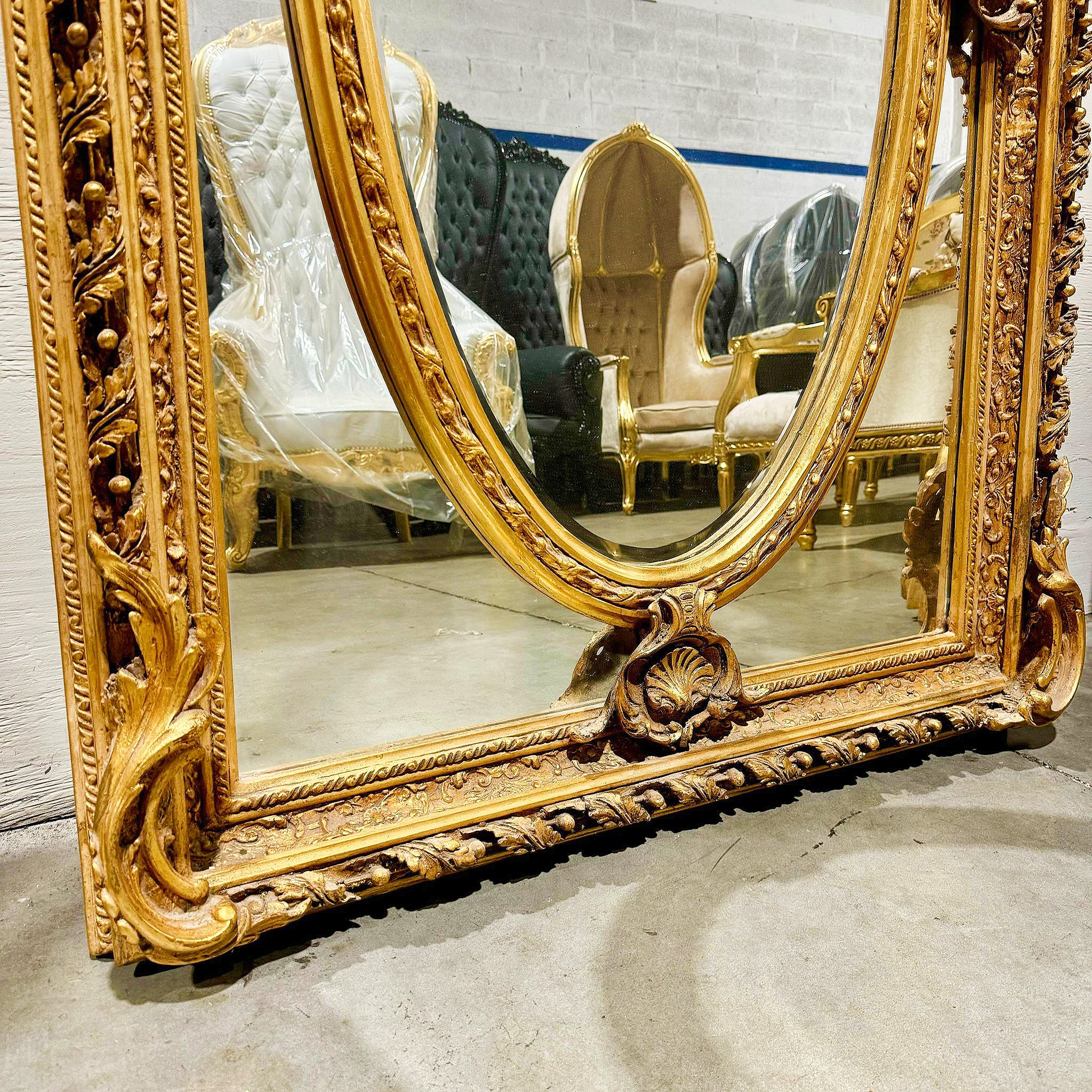 French Rococo Style Gold Floor Mirror with Angels Details